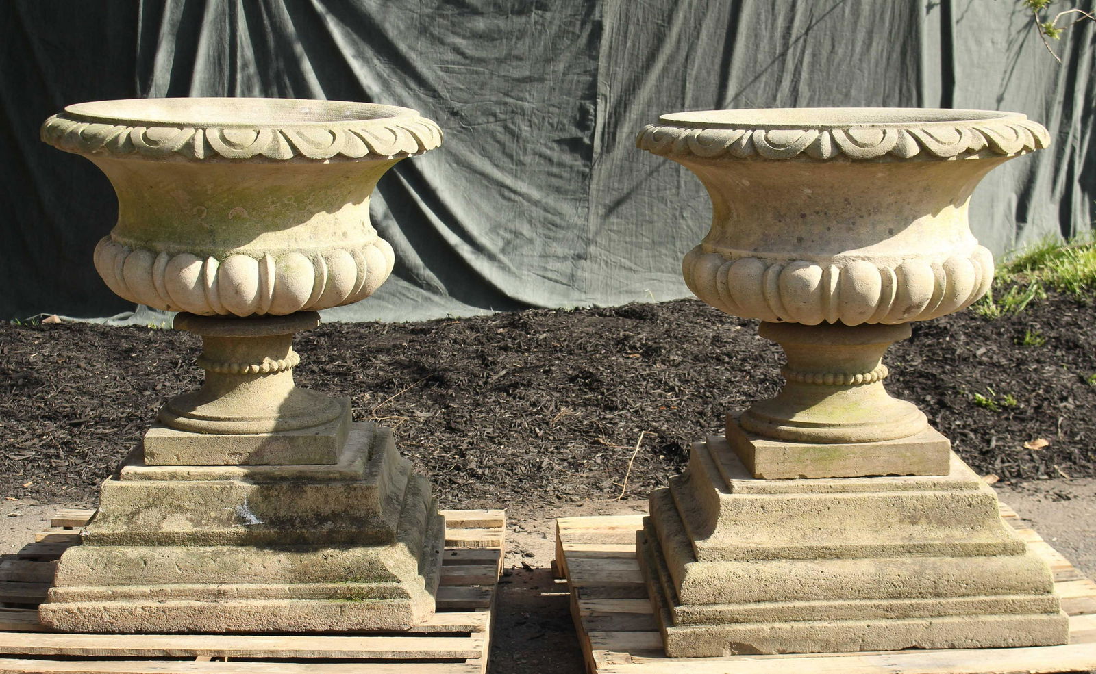 Grand Pair Carved Stone Garden Urns on Plinths (1 of 8)
