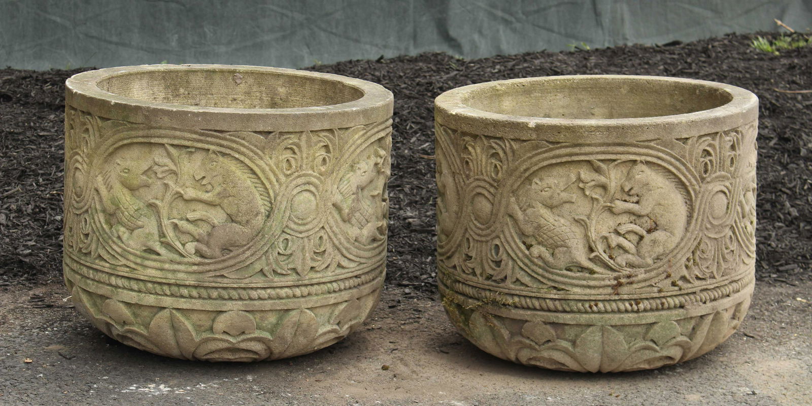 Pair Byzantine Style Carved Stone Garden Urns (1 of 8)