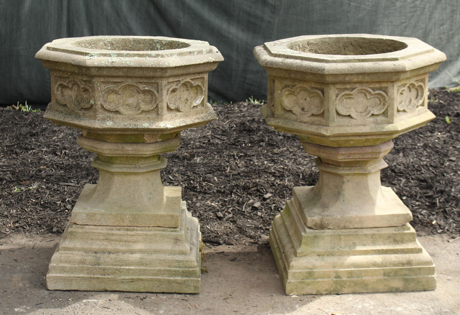 Pair Gothic Style Carved Stone Garden Urns (1 of 9)