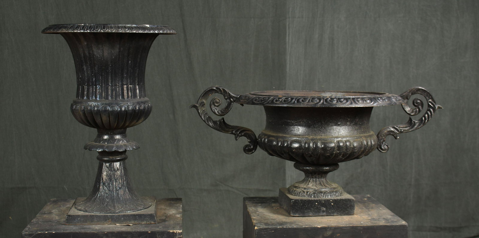 Cast Iron Garden Urn Group: Cast Iron Garden Urn Group. Size: tallest 20.5"H shorter 13"H