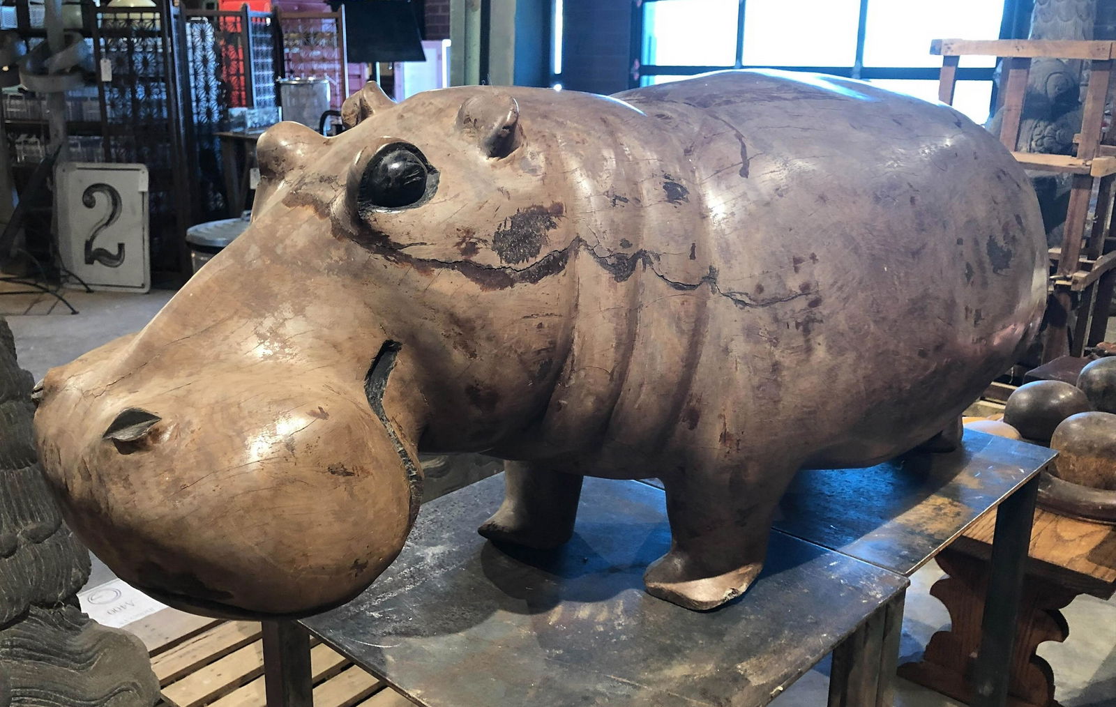 Figural Iron Wood Hippo Sculpture (1 of 7)