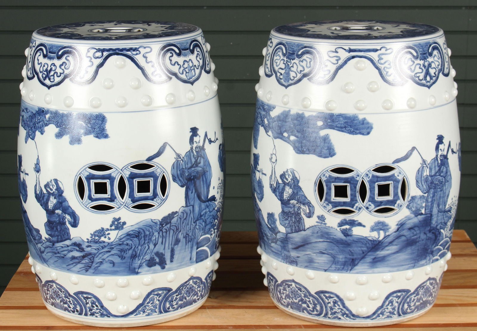 Pair Chinese Blue & White Garden Stools (1 of 6)