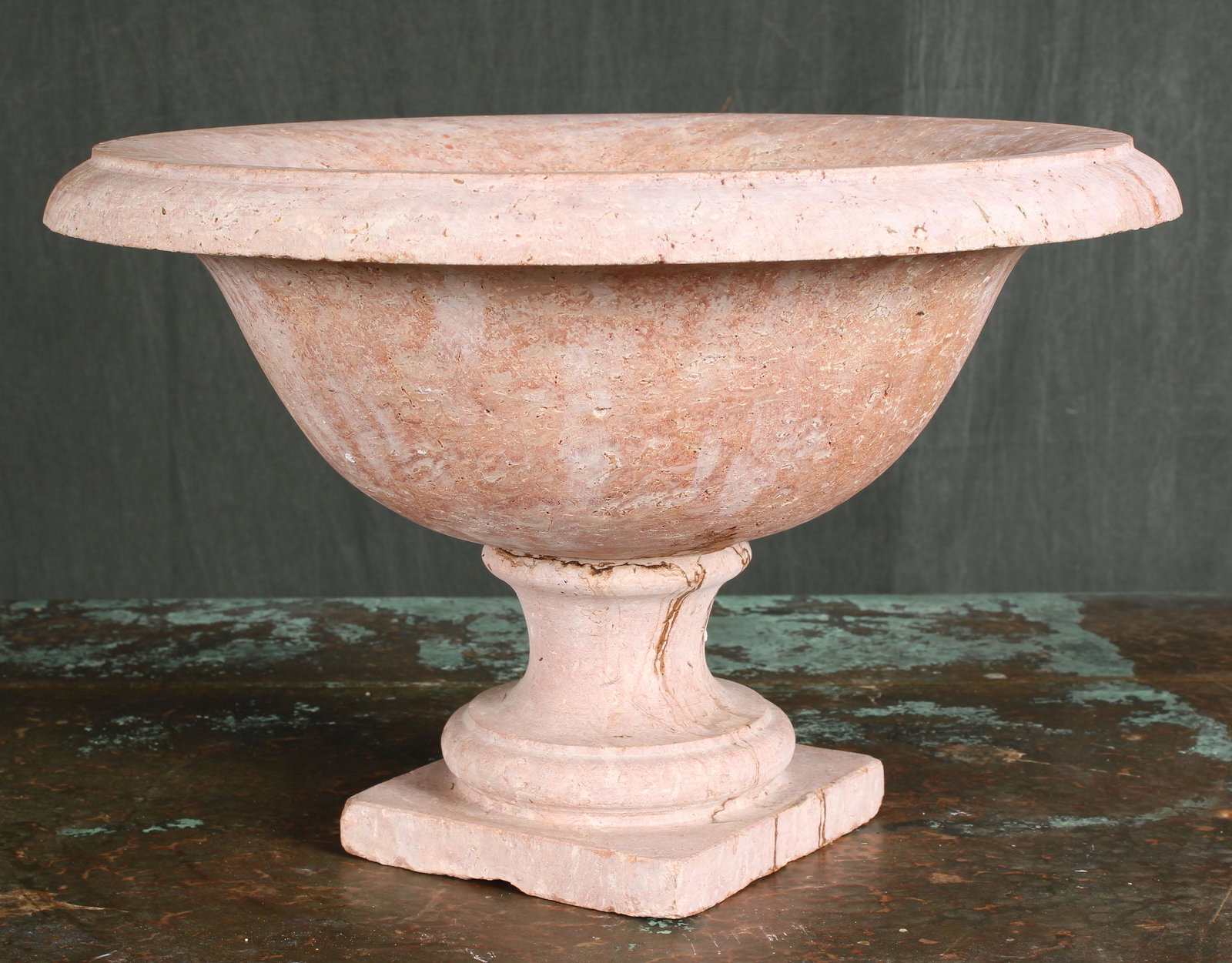 Carved Marble Urn: A good carved marble garden urn with floral and stepped bowl supported on stepped base. Size: 14"H x 21.5"Dia.