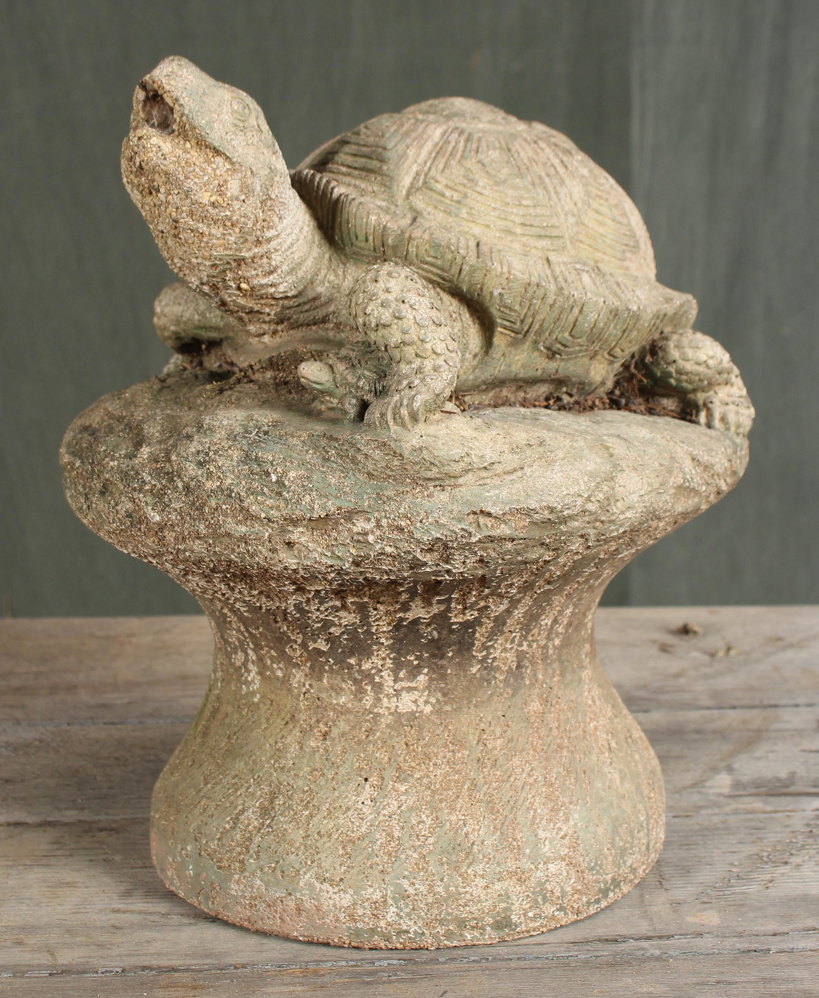 Figural Cast Stone Turtle Fountain: A cast stone turtle Fountain resting on mushroom form base. Size: 12.5"H x 12"W x 9"D