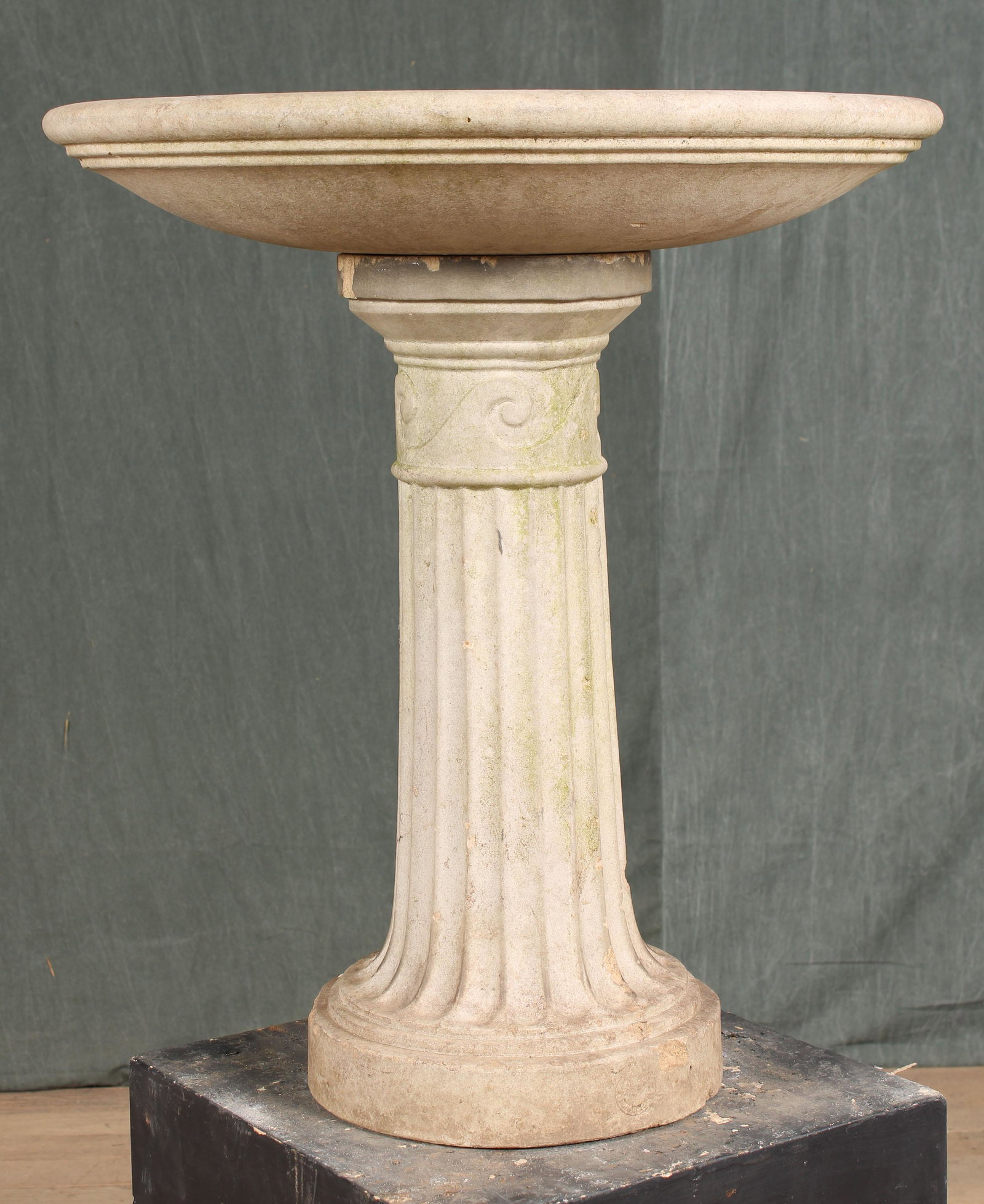 Galloway Philadelphia Birdbath: A good stamped Galloway Philadelphia buff terracotta bird bath with shallow bowl supported on central fluted column. Size: 26"H x 23"Dia.