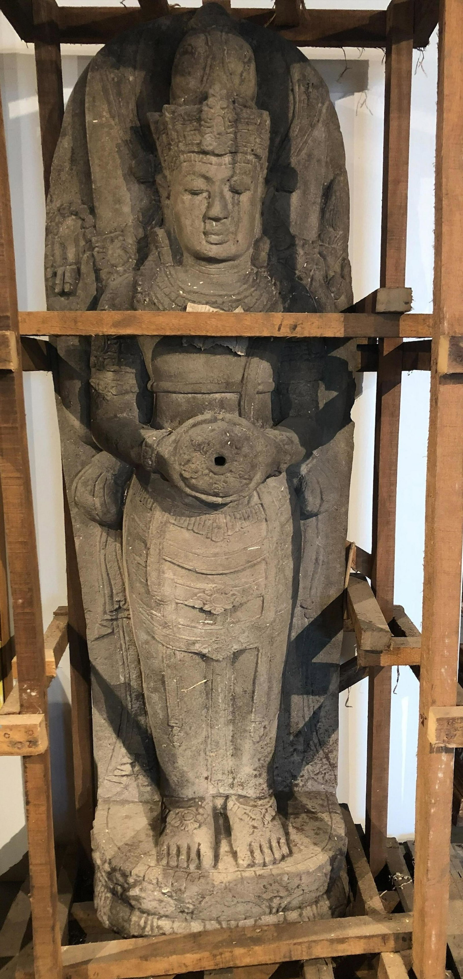 Carved Stone Vishnu Garden Sanctuary Fountain: Carved Stone Vishnu Garden Sanctuary Fountain. basalt. NOTE: this item is located in our showroom in High Point, NC. Transfer to Hatboro is available. Size: 76"H x 25"W x 16"D