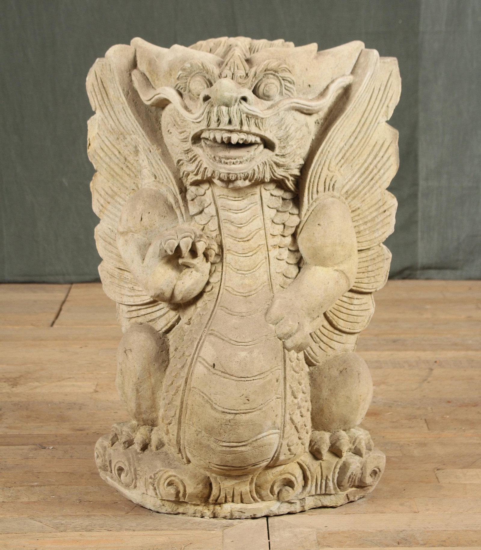 Figural Carved Tuff Stone Garden Dragon: Figural Carved Tuff Stone Garden Dragon. Size: 32" x 15" x 12"
