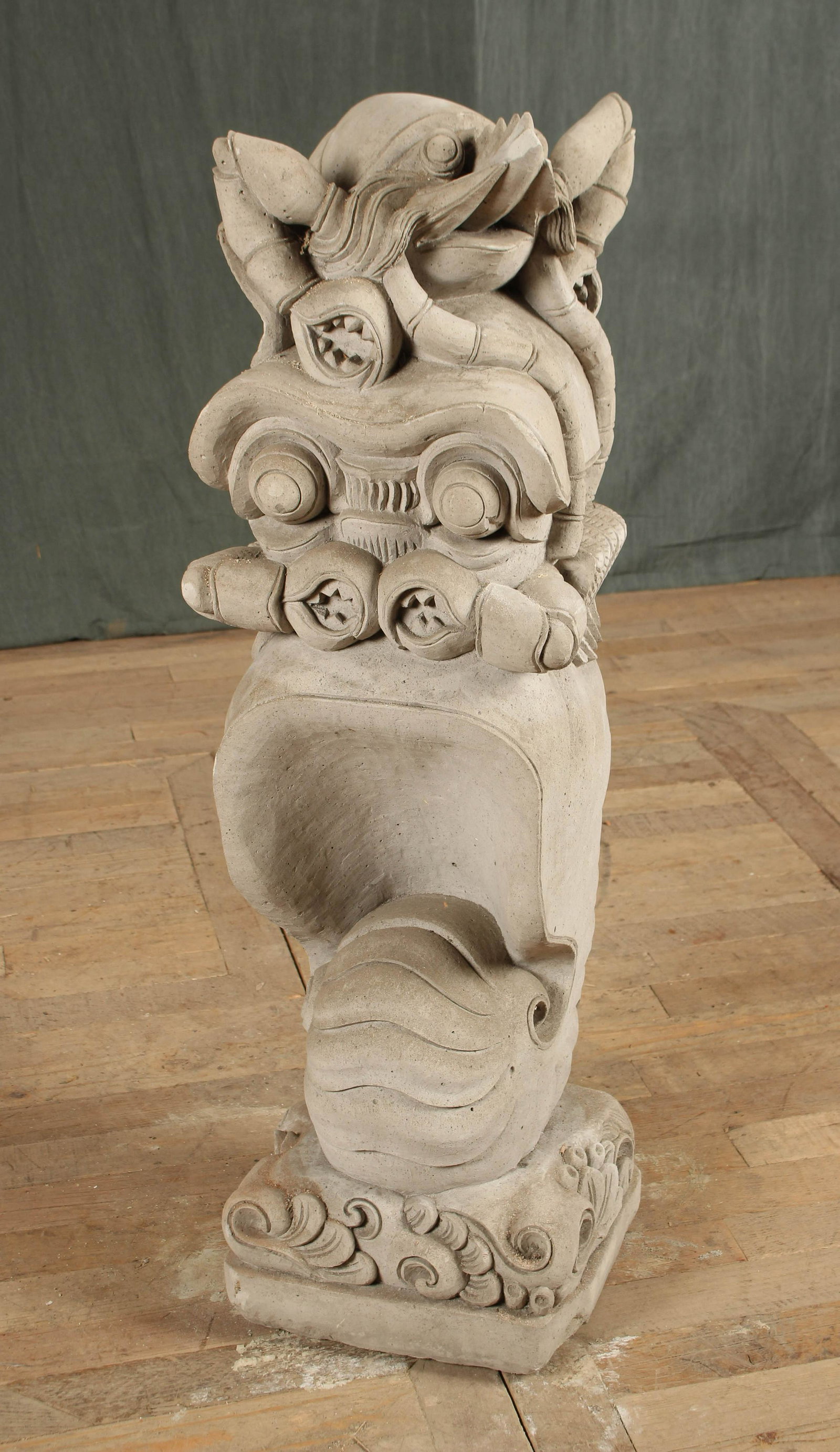 Carved Tuff Stone Sea Creature Garden Totem: Figural Carved Tuff Stone Sea Creature Totem. A prawn atop a crab atop a shell.