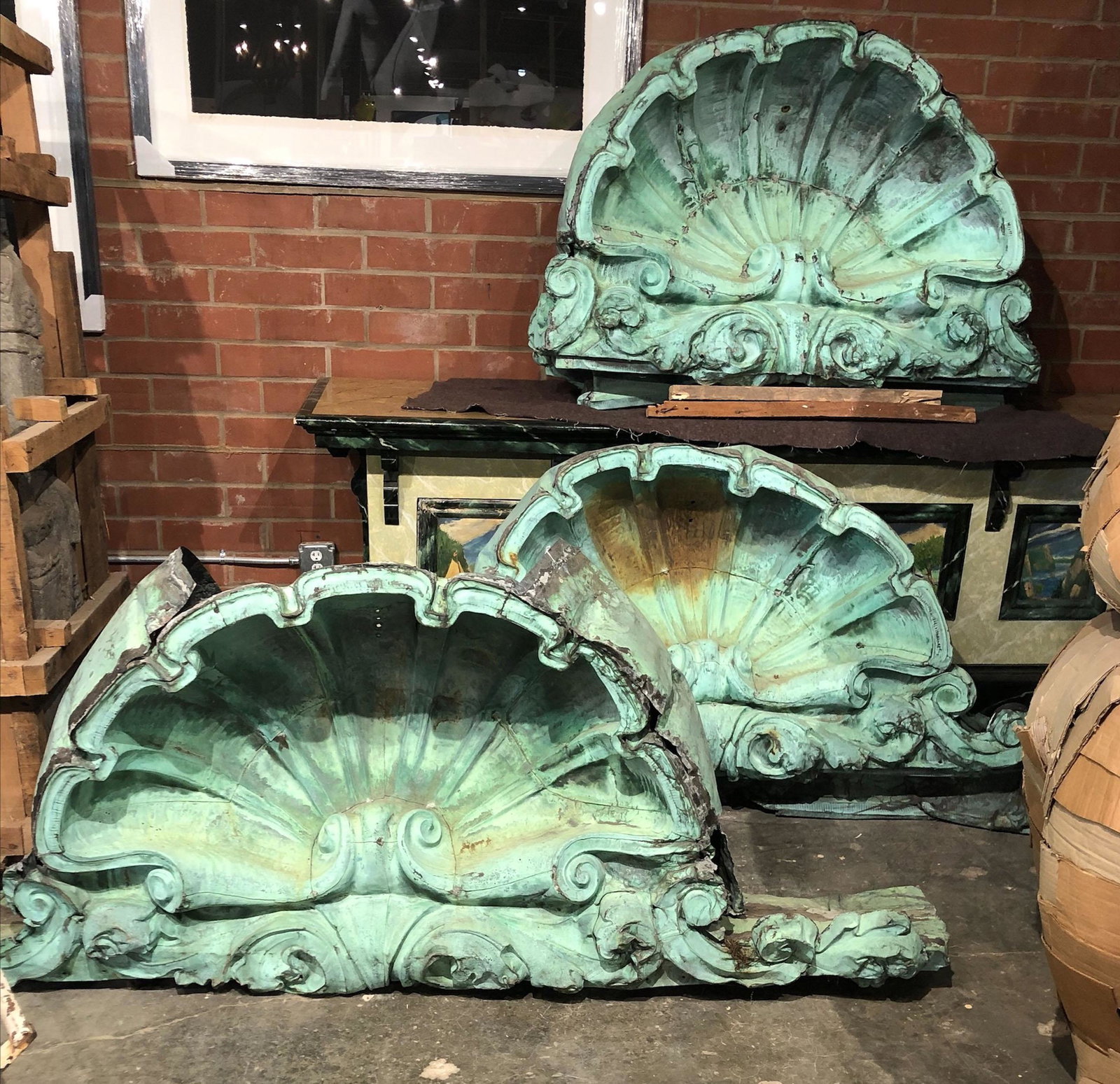 Architectural Verdigris Copper Clamshell Cornices: Architectural Verdigris Copper Clamshell Cornices. From a running length of salvage. Size: 41" x 52" x 23" each