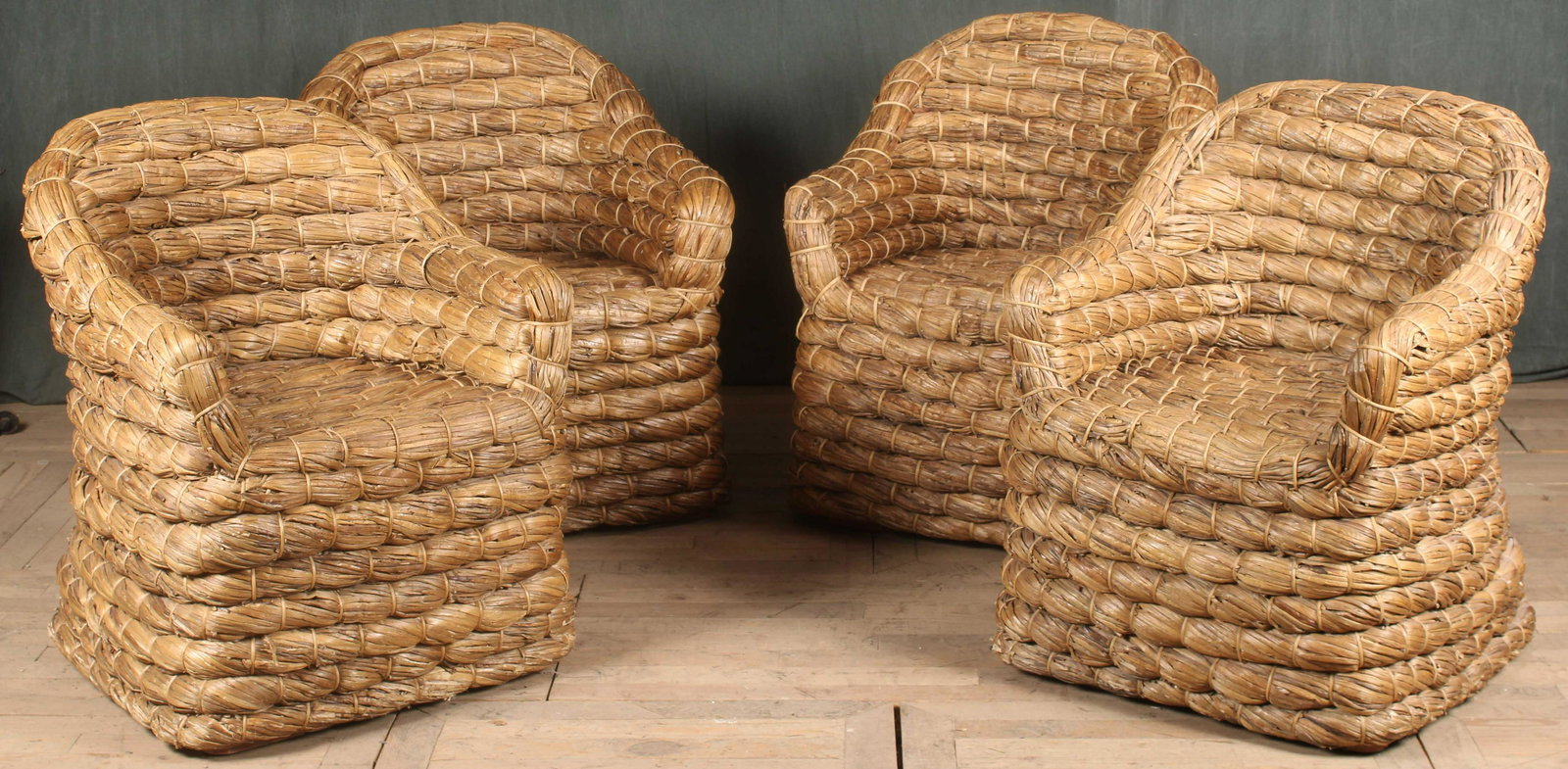 Set of 4 Ralph Lauren Joshua Tree Chairs: Set of 4 Ralph Lauren Joshua Tree Chairs. Woven lampakanay fiber over rattan frame. Size: 35"H x 28"W x 26"D
