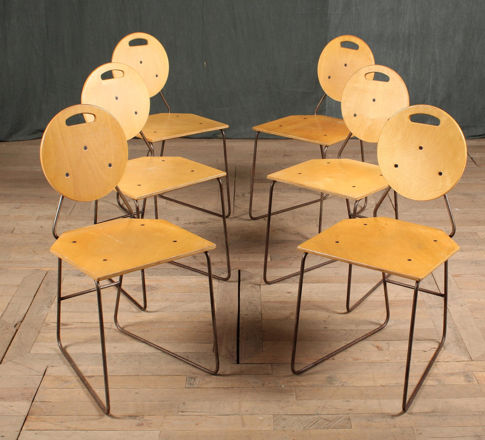 Modernist Custom Design Dining Chairs, Set of 6: A good set of custom designed wrought iron and plywood dining chairs. Size: 32"H x 16"W x 16"D