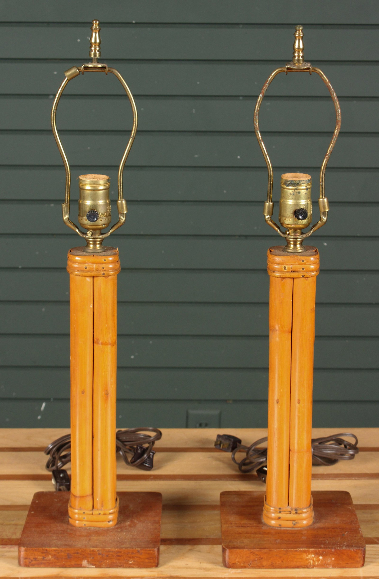 Pair Vintage Rattan Column Table Lamps: Pair Vintage Rattan Column Table Lamps. 1940-50s. Size: 22" H x 6" W x 6" D