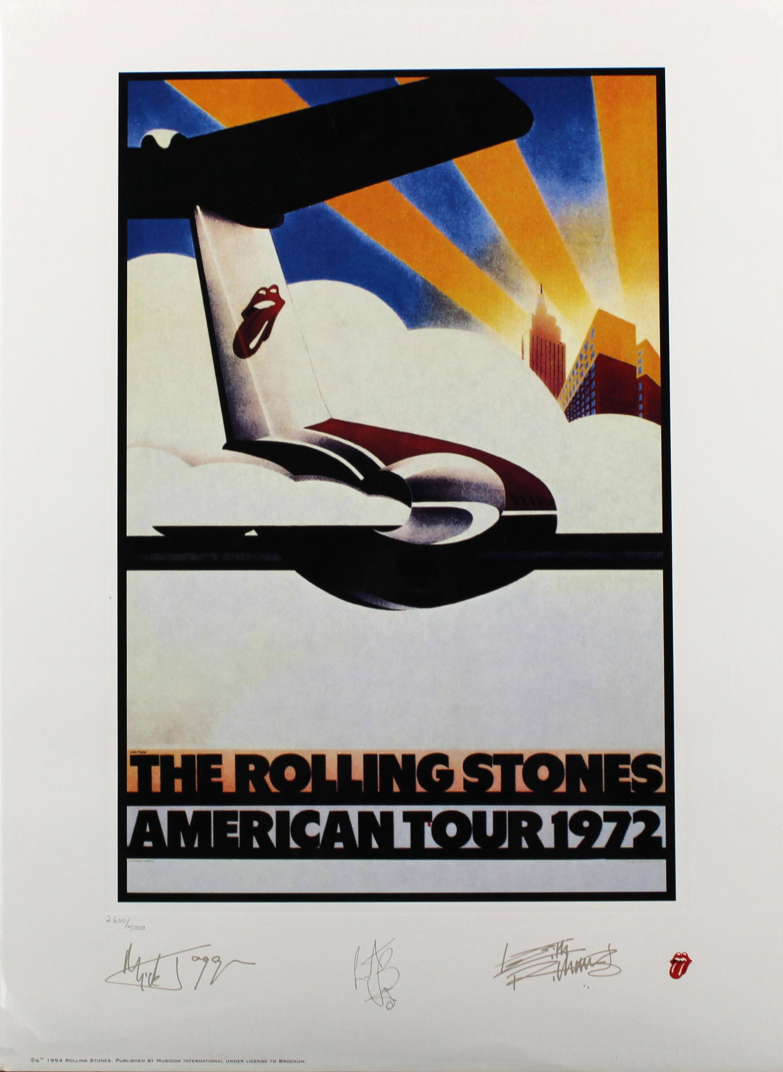 Rolling Stones American Tour 1972 Poster: Official reprint of the 1972 American Tour poster from the Rolling Stones. Numbered, photo signed. Certificate on back. Stored flat on board. Size: 23.5"T x 17.5"L
