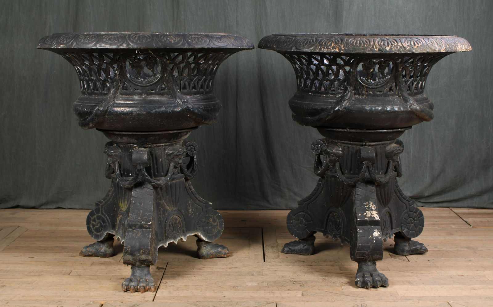 Pair Monumental Cast Iron Urns on Bases (1 of 10)