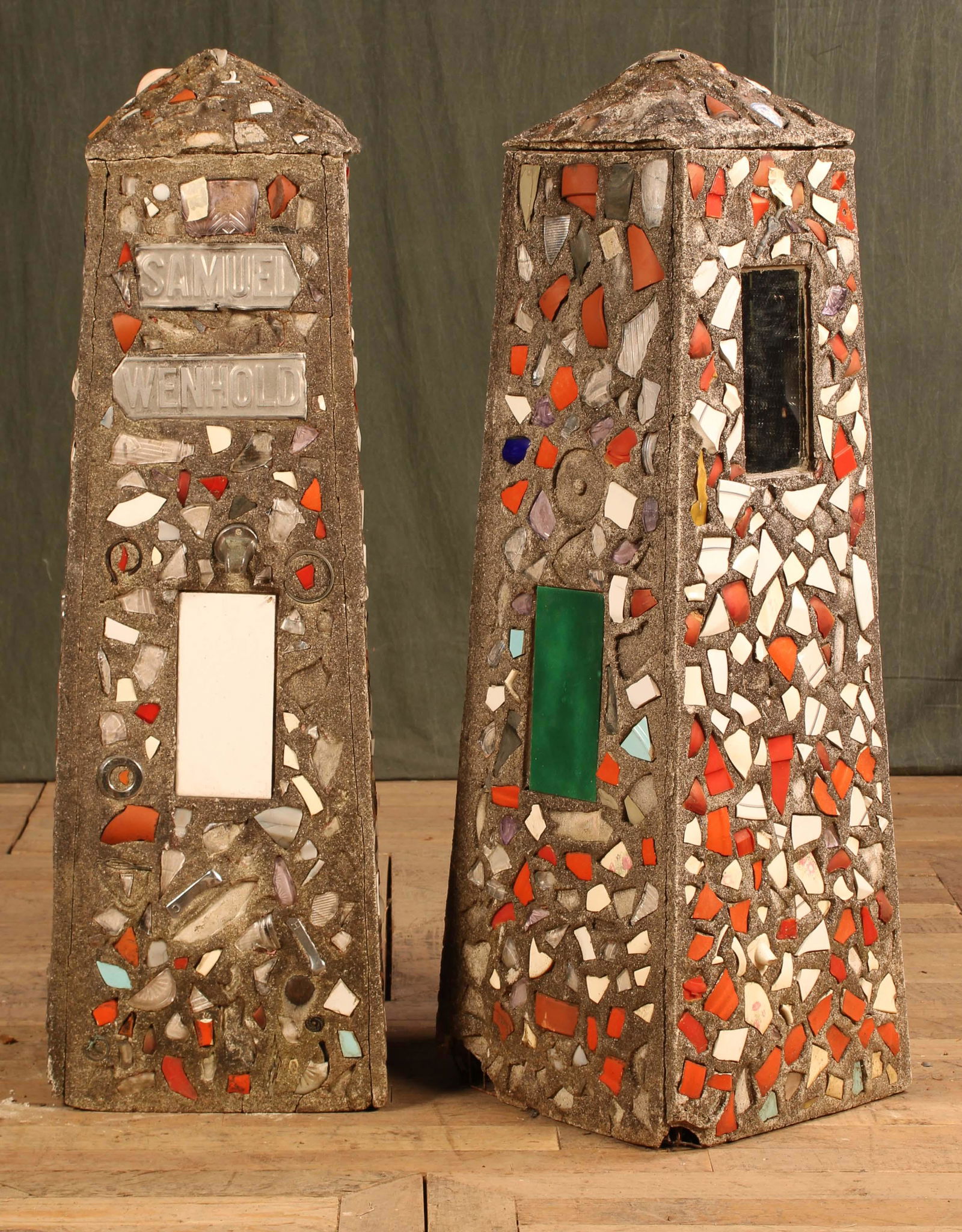 Folk Art Found Object Obelisk Form Garden Features: Folk Art Found Object Obelisk Form Garden Features. Mortar and found objects. Size: 40.5"T x 13"W x 13"D