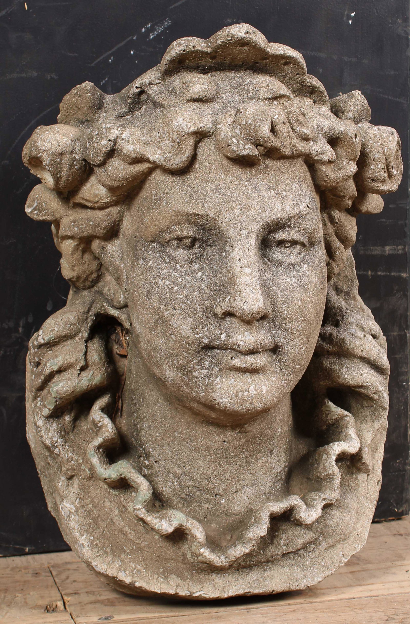 Neoclassical Cast Stone Figural Bust Cartouche: A good cast stone neoclassical bust of a noble woman. Built in hook for hanging. Size: 18"T x 11"W x 8"D