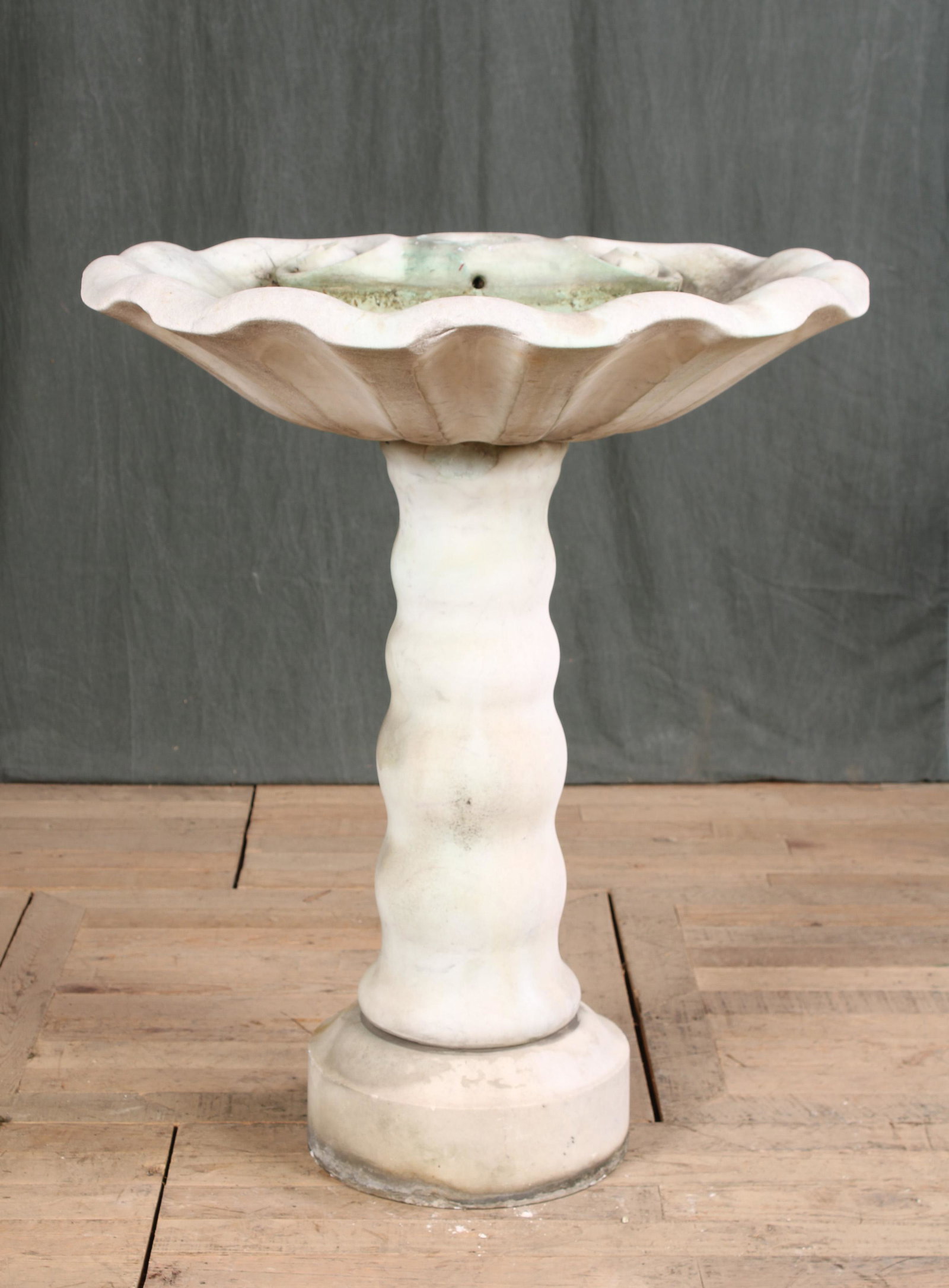 Shell Form Marble Fountain: An interesting carved marble fountain in the form of a shell raised on shaped pedestal and base. Size: 36"H x 29"W x 25"D