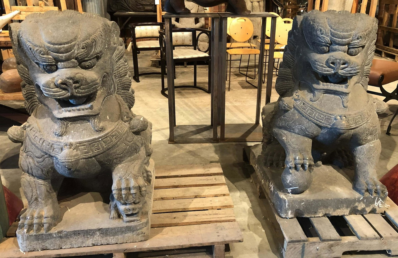 Grand Scale Carved Stone Foo Dogs: Grand Scale Carved Stone Foo Dogs. Matched pair, male and female. NOTE: this item is located in our showroom in High Point, NC. Transfer to Hatboro is available. Size: 36"H x 26"W x 22"D