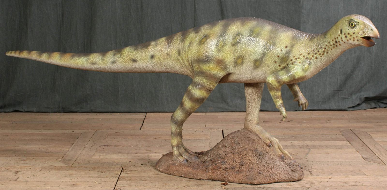 Fantasy Dinosaur Model: A naturalistically decorated composite of a striding dinosaur. Put in your living or family room. Resin. Size: 29"H x 80"Long