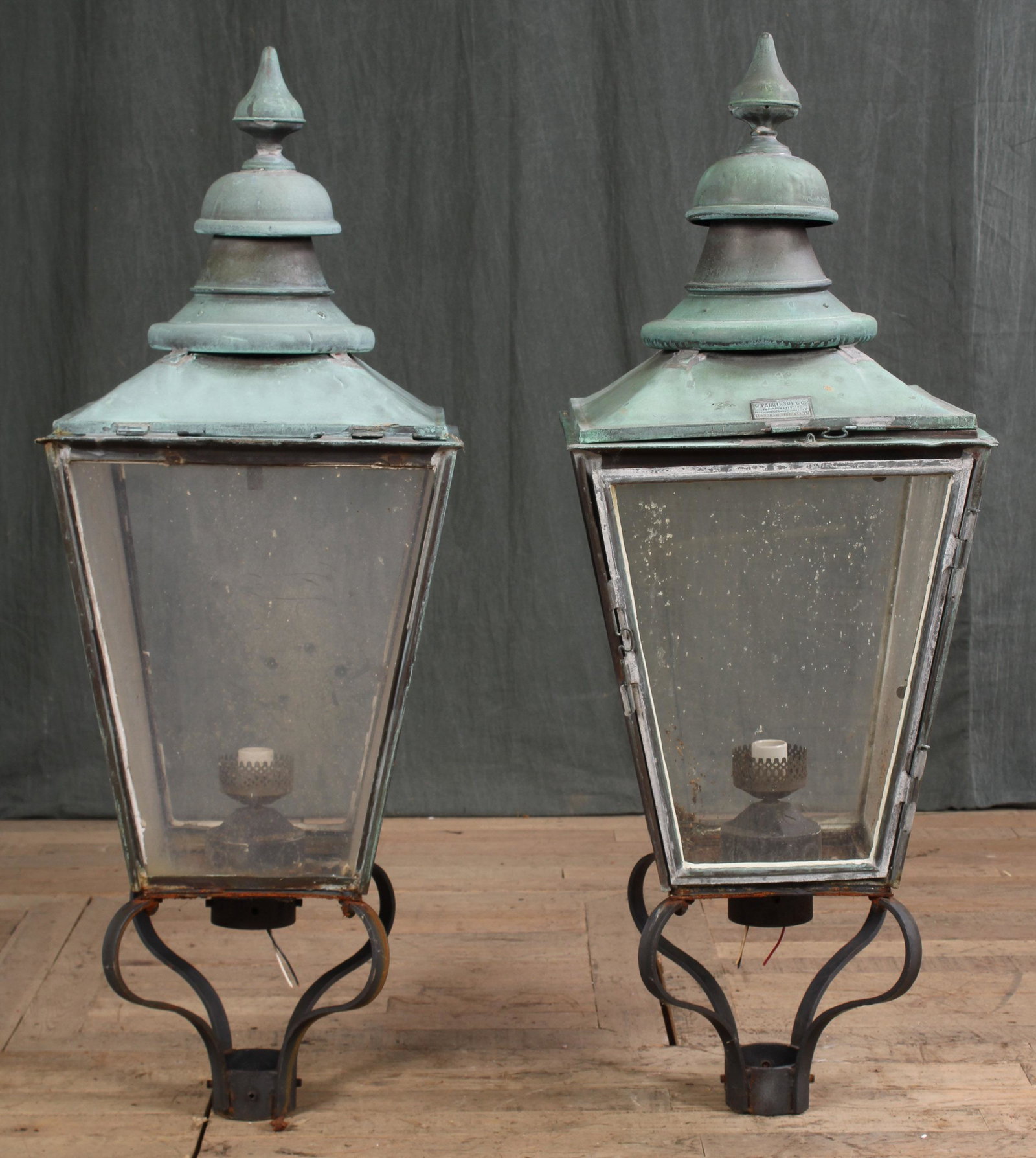 Pair English Copper Lantern Tops: Pair English Copper Lantern Tops. Marked Parkinson, London and Birmingham. Size: 43"T x 16.5"W x 16.5"D