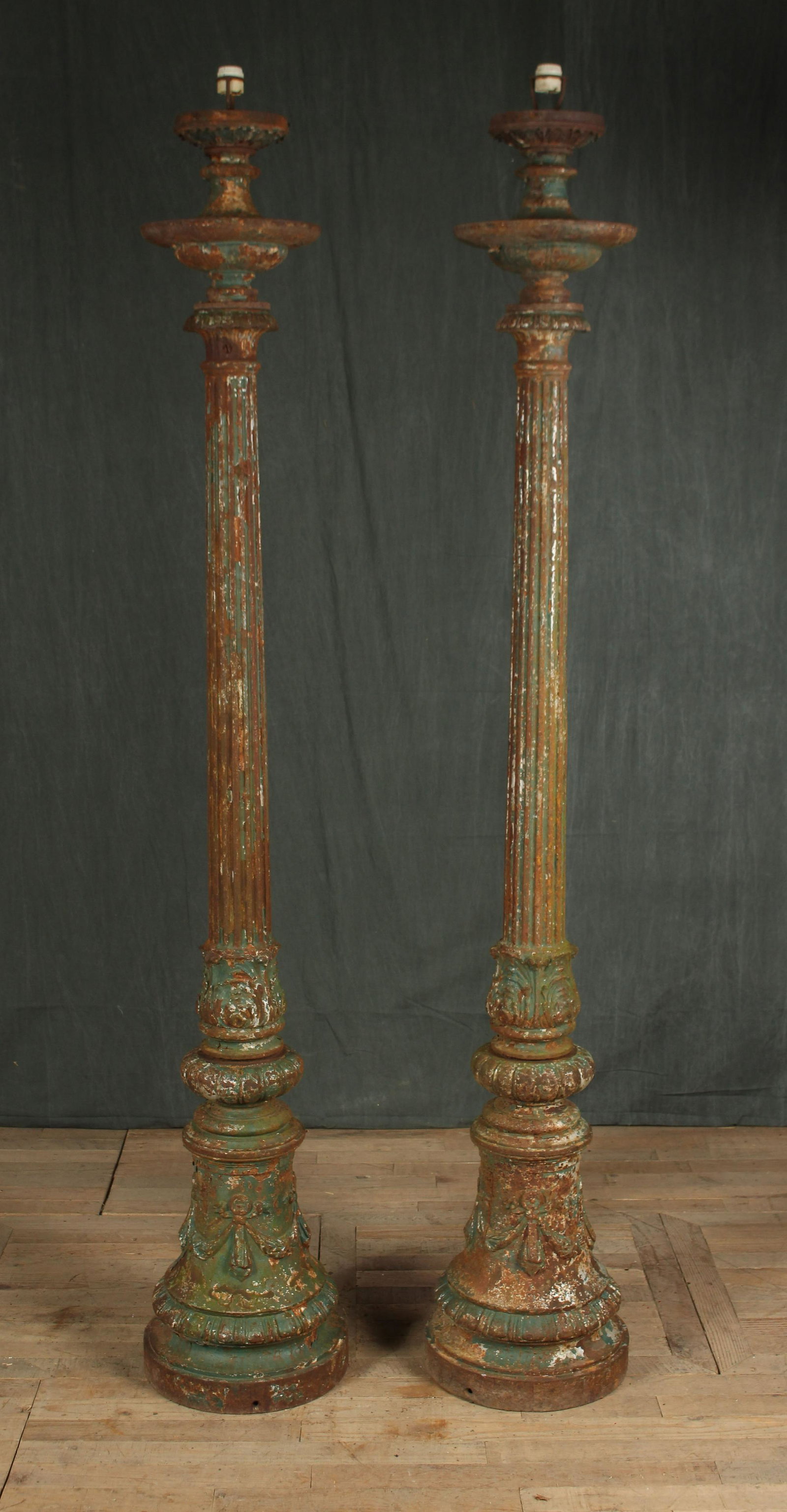 Pair Cast Iron Fluted Column Lanterns: Pair Cast Iron Fluted Column Lanterns. Size: 90"H overall 15"Dia. 77"H to top of column