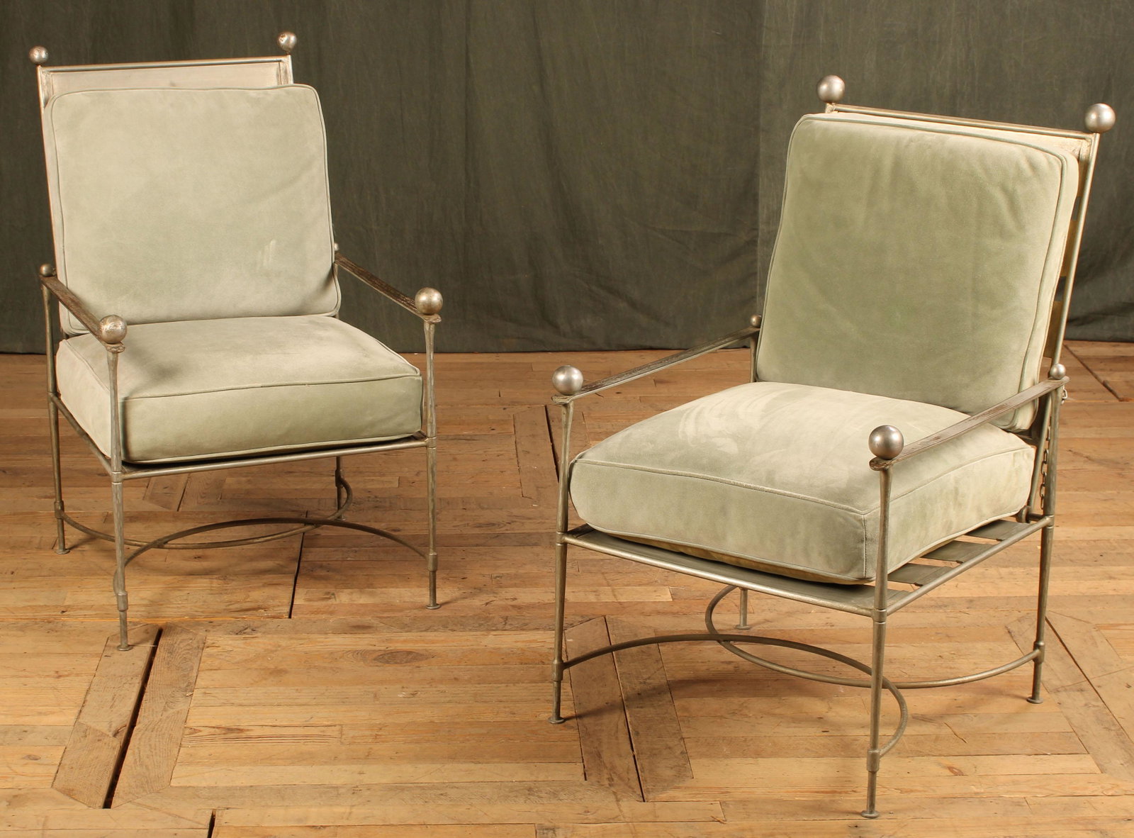 Pair Mario Papparzini for Salterini Lounge Chairs: Pair Mario Papparzini for Salterini Lounge Chairs. With suede cushions. Size: 36.5"T x 22.5"L x 23"D upright, 47"D when laid down