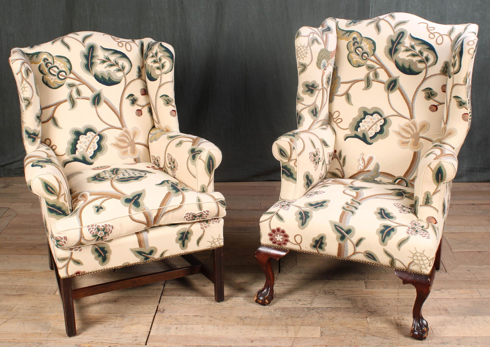 Pair Antique Crewel Work Upholstered Wing Chairs (1 of 9)