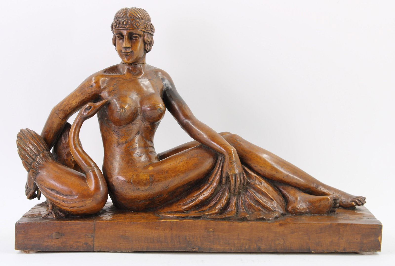 Carved Wood Leda and Swan Figural Group: Carved Wood Leda and Swan Figural Group. Size: 14"T x 20.75"L x 6.25"D