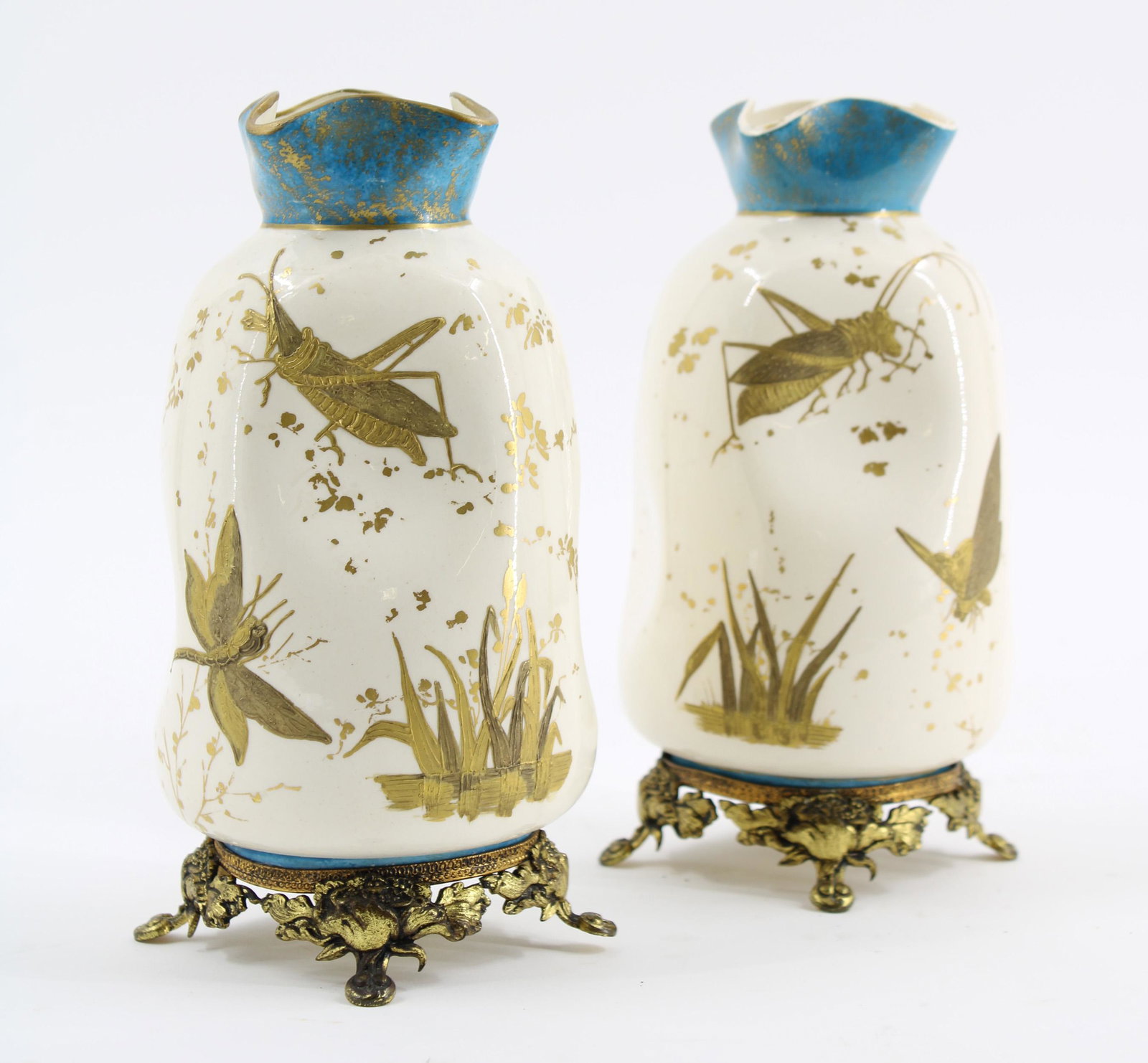 Porcelain and Gilt Bronze Japonisme Style Vases: A pair of French Porcelain vases in the Japanese taste with gilt decoration and bronze bases. Size: 7.5"T x 4" diameter at widest