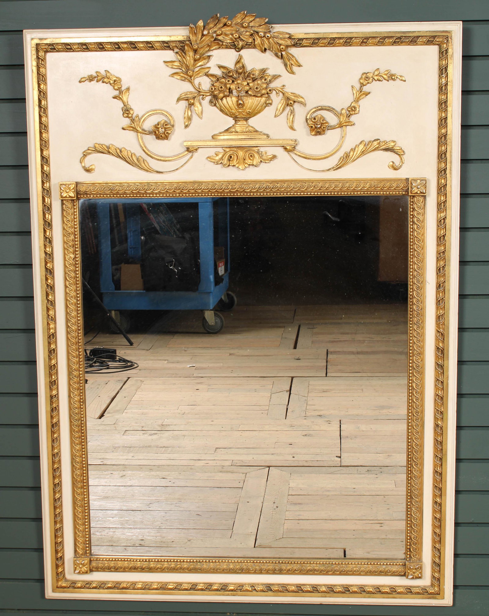 French Taste Mirror: A gilt and painted mirror in French taste. Good Size. Size: 52.5" x 38.25"