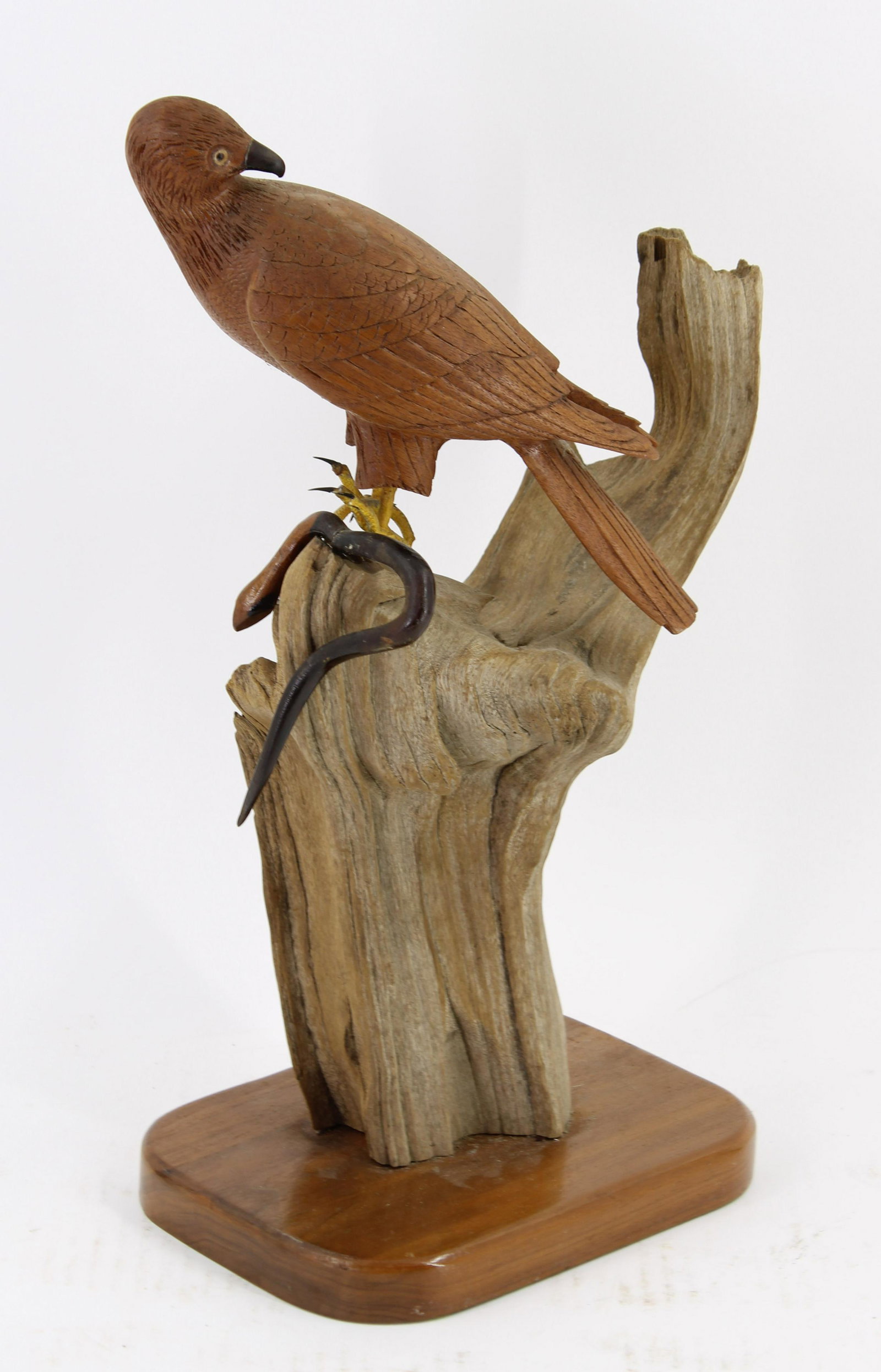 Folk Art Carved Raptor and Snake Sculpture: Folk Art Carved Raptor and Snake Sculpture. Signed (Donna?) Waggener. Size: 15.5"T x 9"W x 6"D