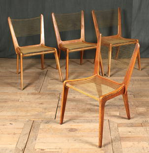 Guillon Cord Chairs: A good set of 4 Mid Century Modern Jacques Guillon Cord chairs. Appears to retain original cording and surface. A nice serving example. Size: 32.5"T x 18"W x 23"D