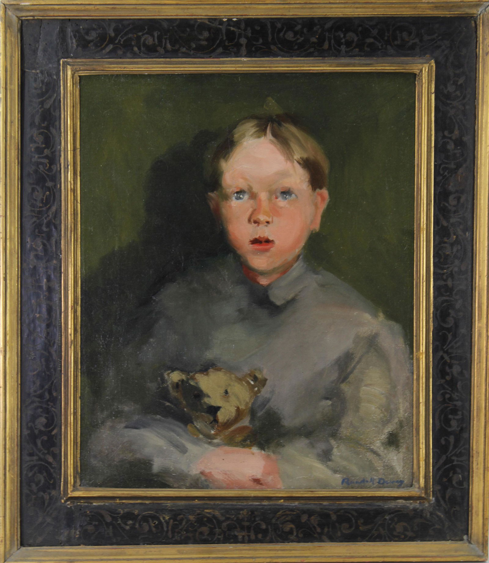 Signed Randall Davey, American Realism Portrait: Signed Randall Davey, American Realism Portrait. A boy with his teddy. Size: frame 27.5"T x 23.5"W; image 20.25"T x 16"W