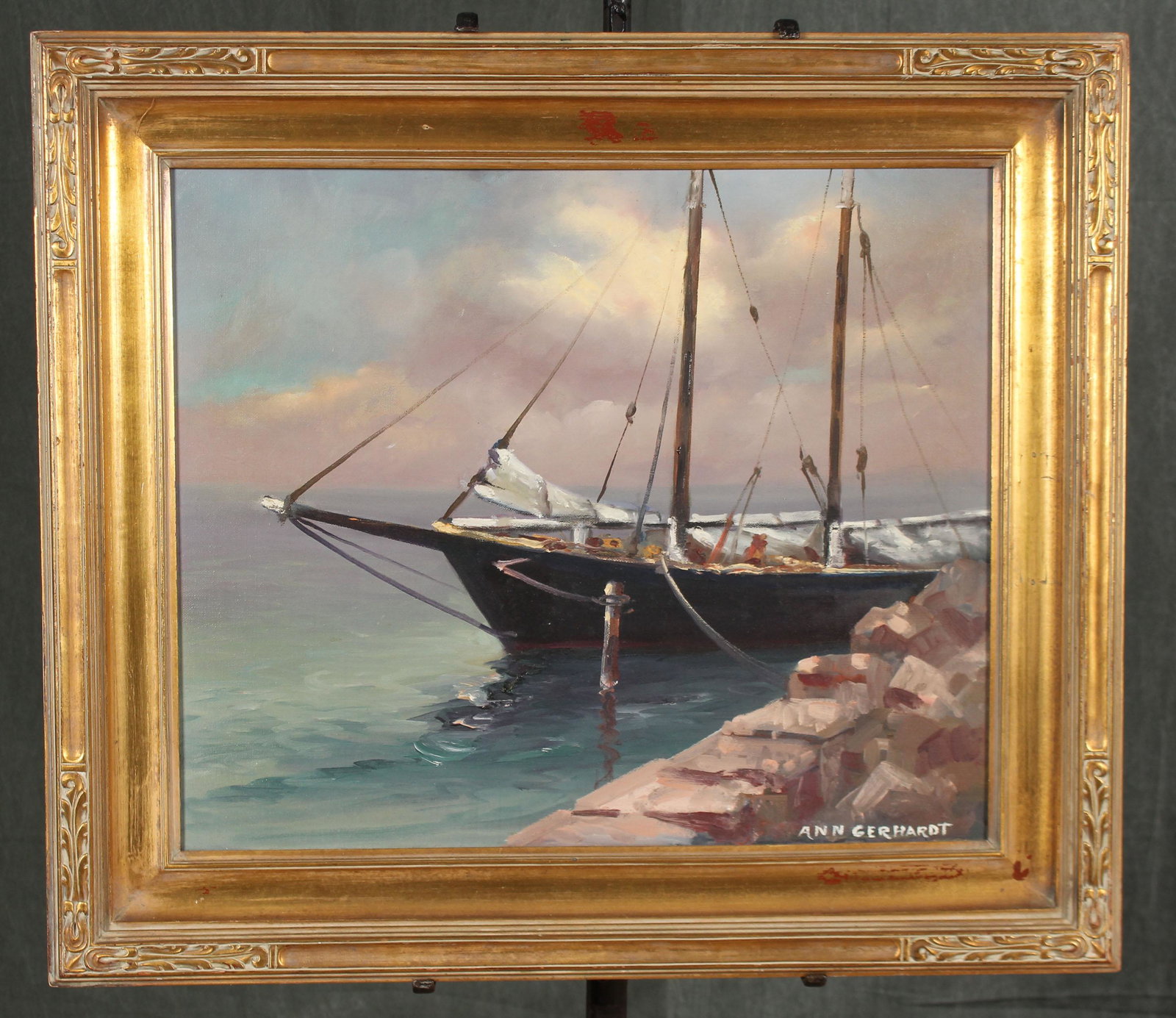 Vintage Seaside Painting Signed Gerhardt: Vintage Seaside Painting Signed Gerhardt. Anna Gerhardt (American, 1916-2003) Comes with ephemera noting a relationship the artist had with Edward W. Redfield. Size: 27" x 31" frame, 19.5" x 23.5" sig