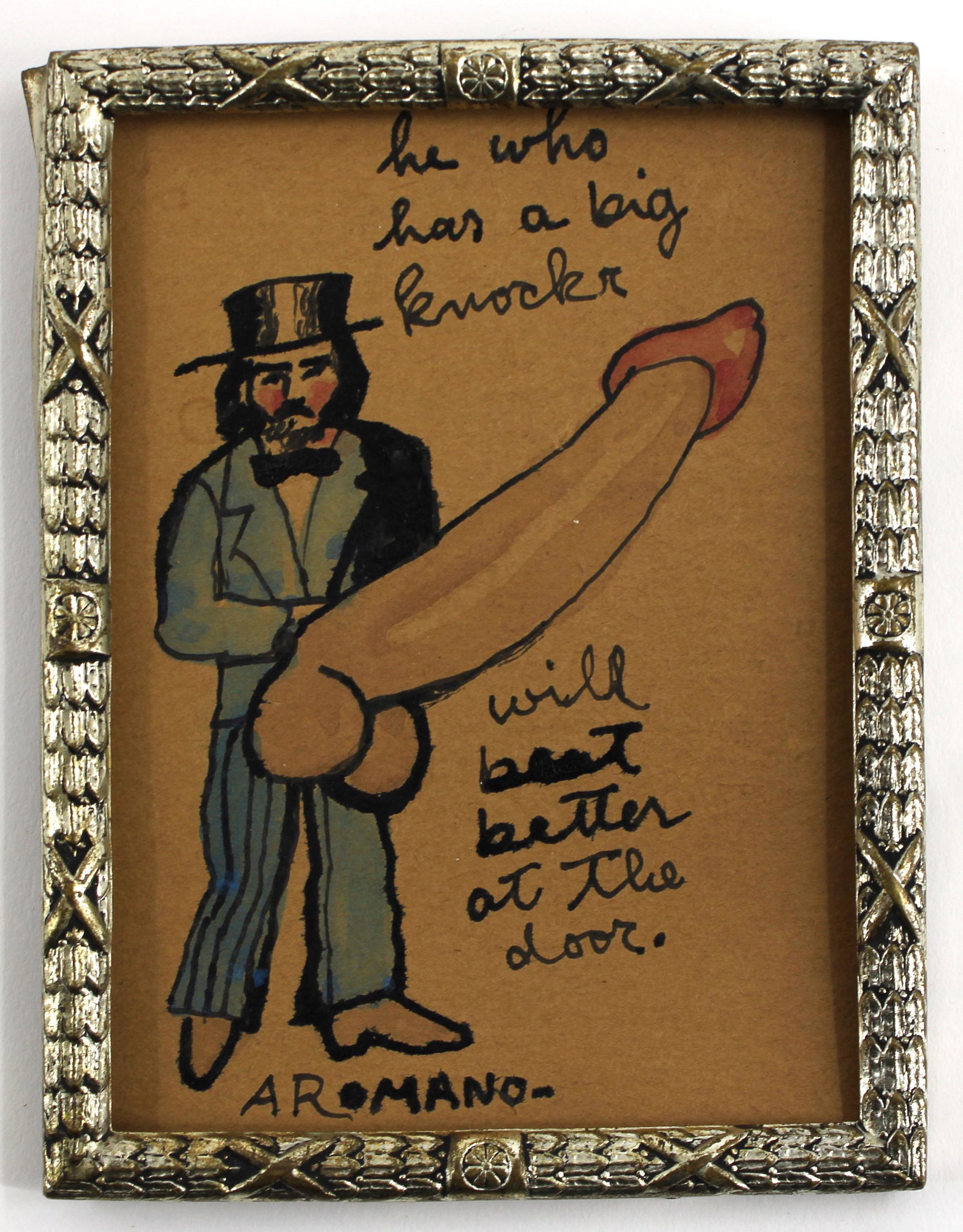 A. Romano Primitive Folk Art Style Erotic Drawing: Antonio Romano (Italian/American, B. 1953) in frame with stand Size: 6"T x 4.5"W