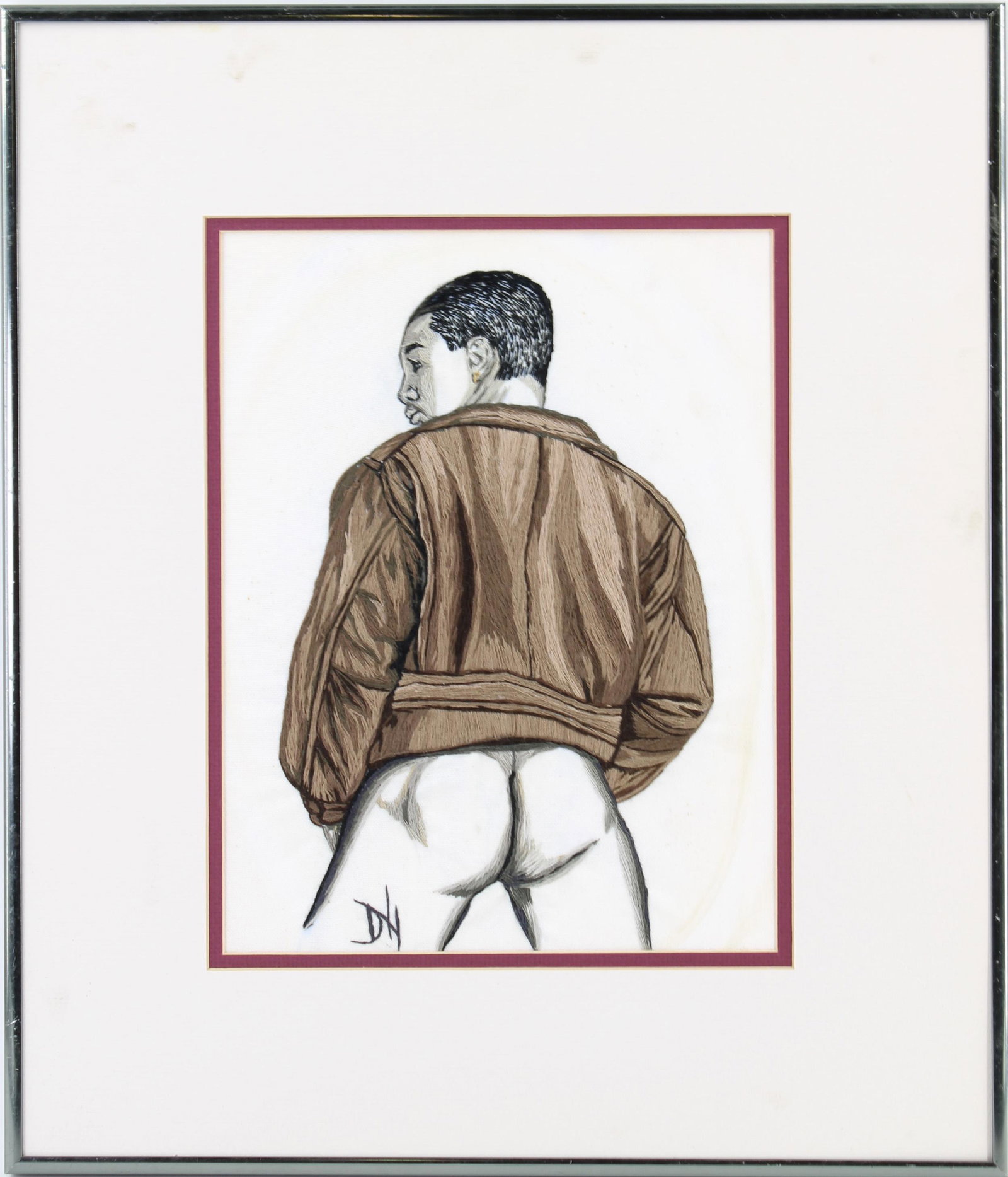 Erotic Beefcake Floss Needlework Panel: Erotic Beefcake Floss Needlework Panel. Monogrammed DH. Estate found. Size: Frame 17.5"T x 15"W, image 10.75"T x 8.25"W