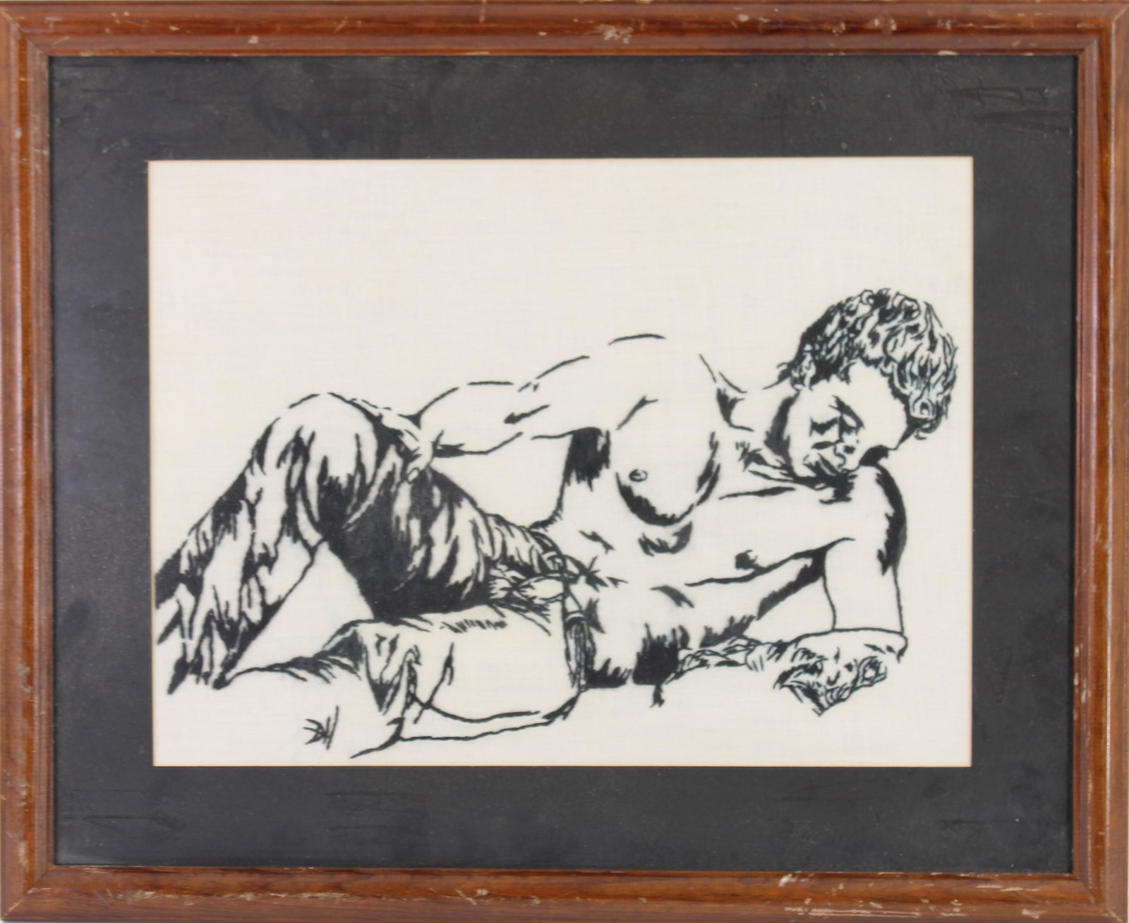 Erotic Beefcake Needlework Embroidered Panel: Erotic Beefcake Floss Needlework Panel. Monogrammed DH. Estate found. Size: Frame 17.5"T x 21.5"W, image 11.5"T x 15.5"W
