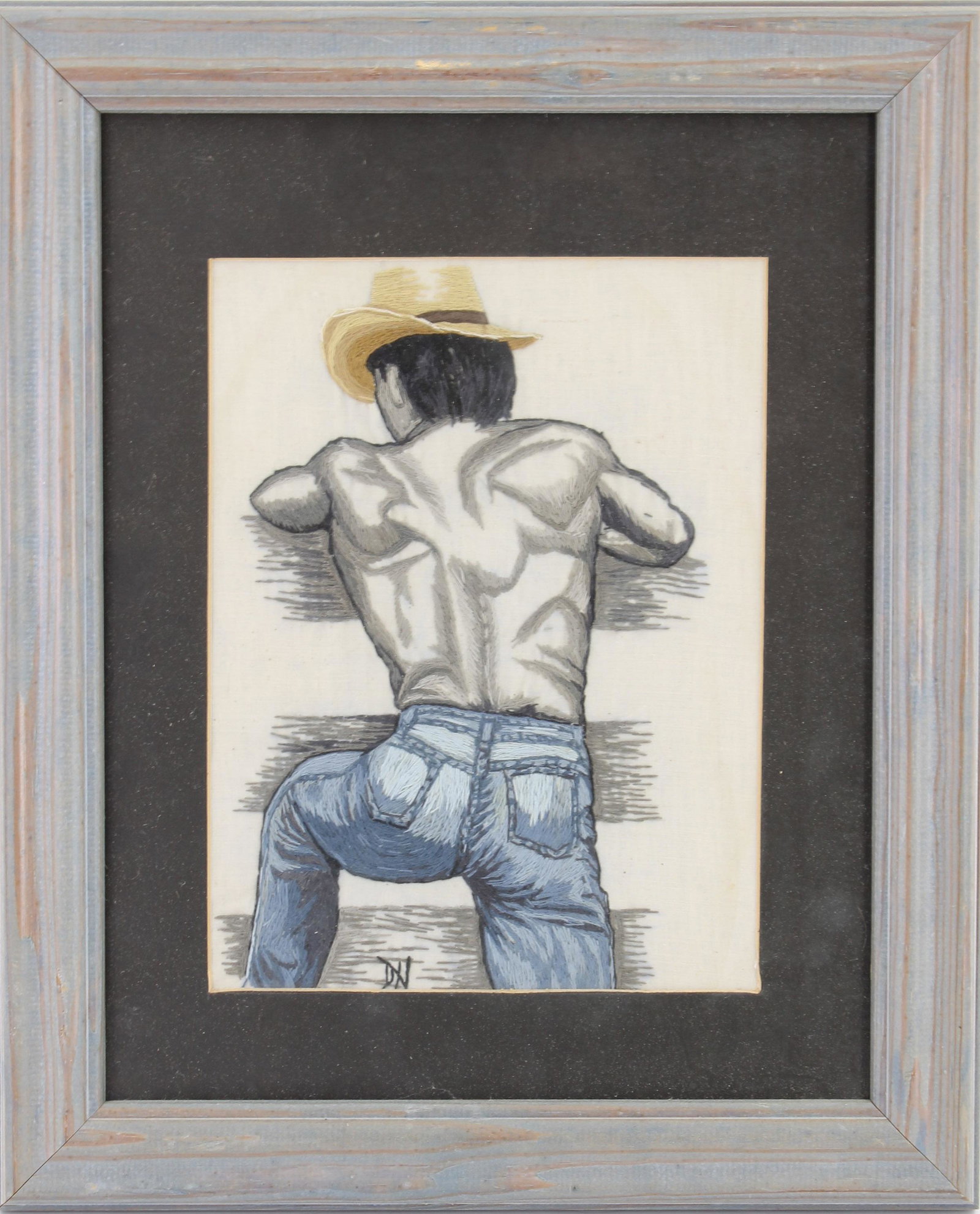 Embroidered Erotic Beefcake Portrait: Erotic Beefcake Floss Needlework Panel. Monogrammed DH. Estate found. Size: Frame 16.5"T x 13.5"W, image 10"T x 7.5"W
