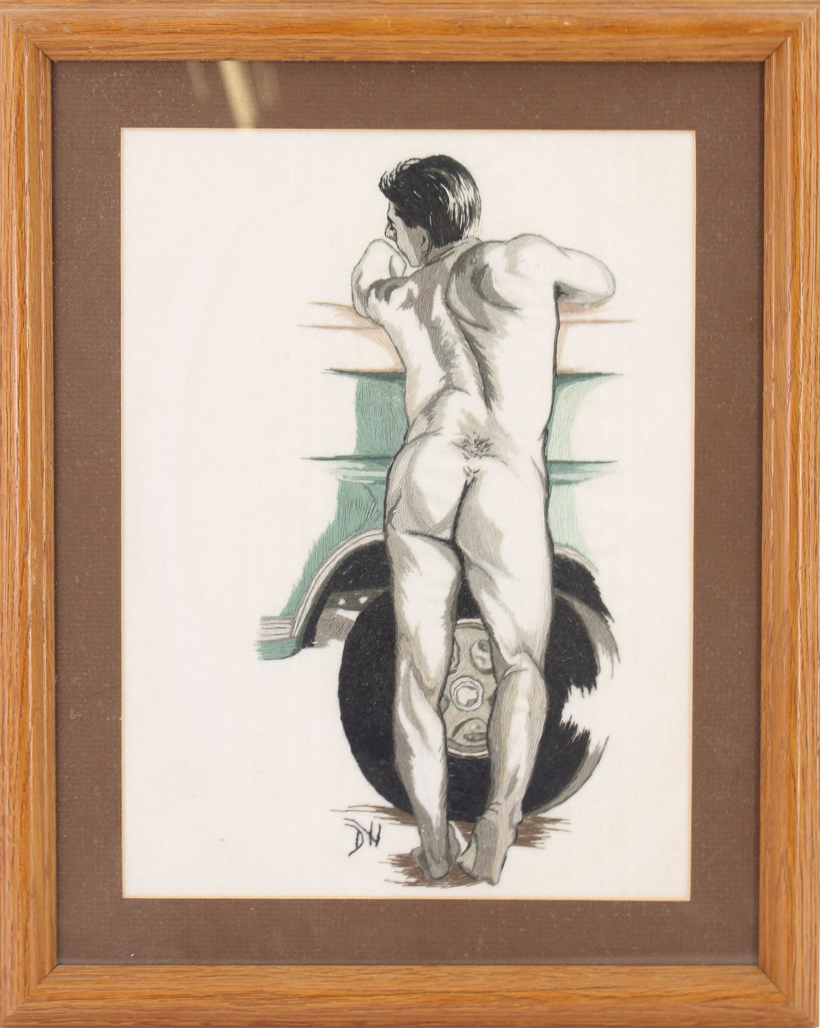 Erotic Male Physique Needlework Panel: Erotic Beefcake Floss Needlework Panel. Monogrammed DH. Estate found. Size: Frame 15.5"T x 12.5"W, image 11.25"T x 8.5"W