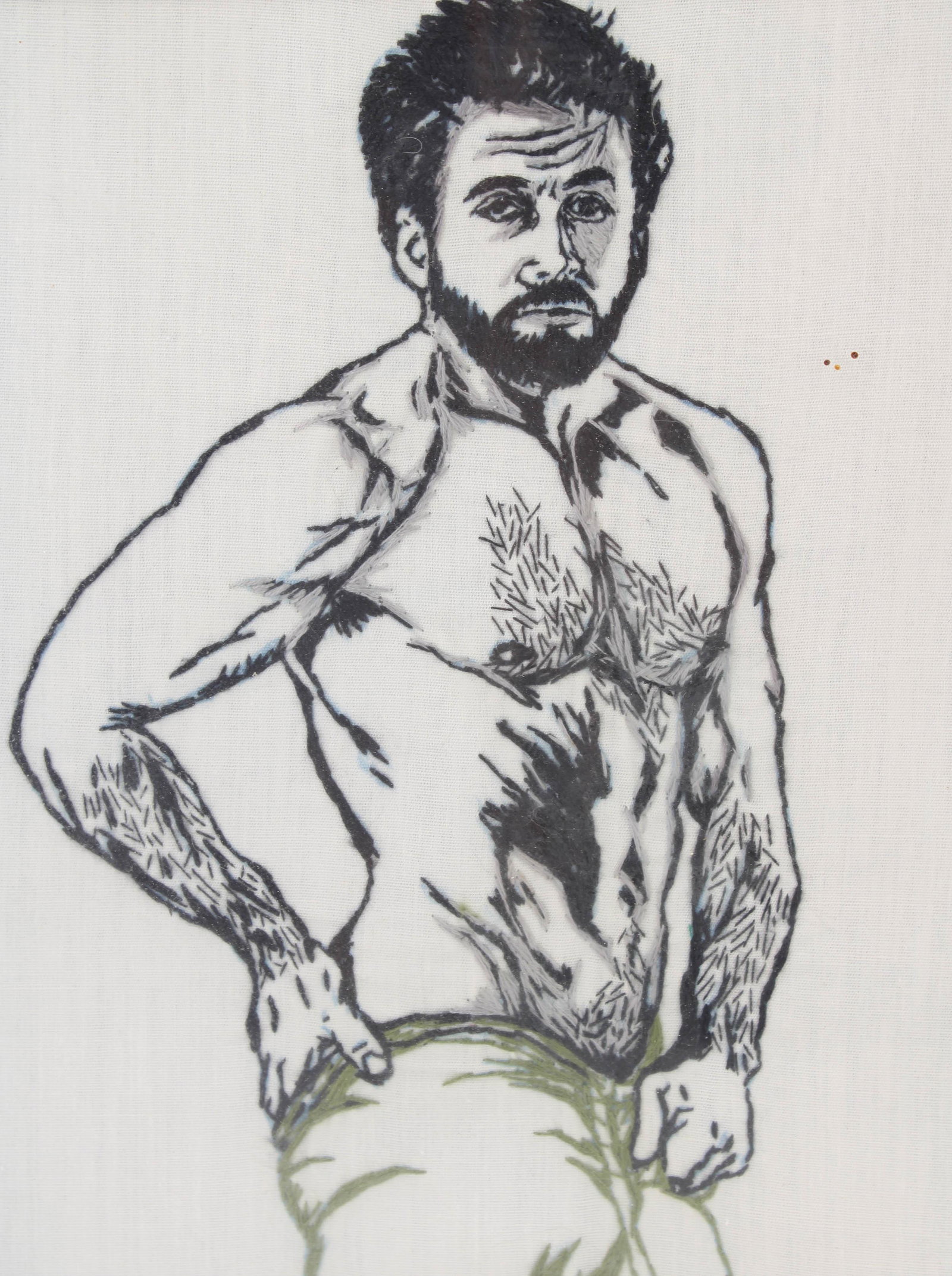 Sensualized Beefcake Needlework Embroidery: Erotic Beefcake Floss Needlework Panel. Monogrammed DH. Estate found. Size: 15"H x 12"W Sight 10"H x 8"W
