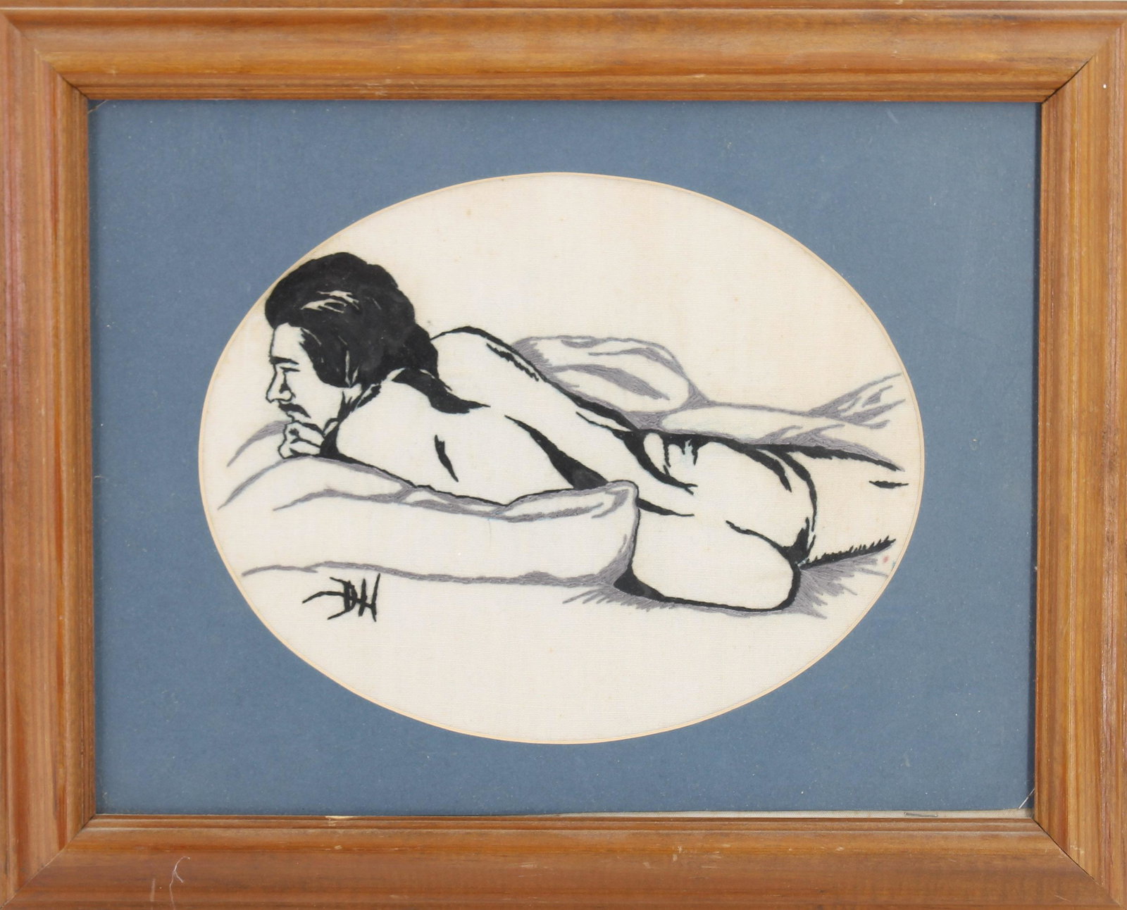 Erotic Male Figure Embroidery: Erotic Beefcake Floss Needlework Panel. Monogrammed DH. Estate found. Size: Frame 12"T x 15"W, image 7.5"T x 9.5"W