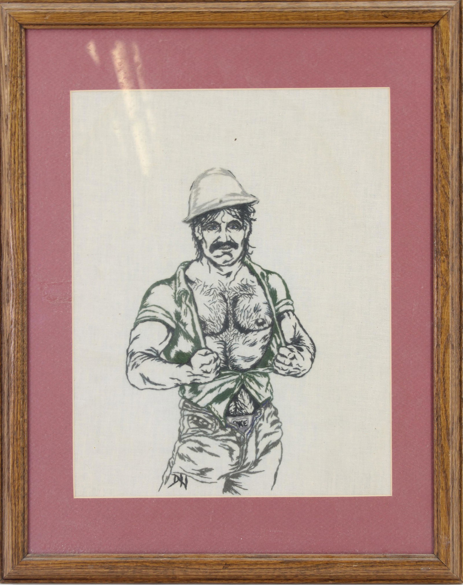 Village Folk Beefcake Needlework Panel: Erotic Beefcake Floss Needlework Panel. Monogrammed DH. Estate found. Size: Frame 19.5"T x 15.5"W, image 13.5"T x 10.5"W