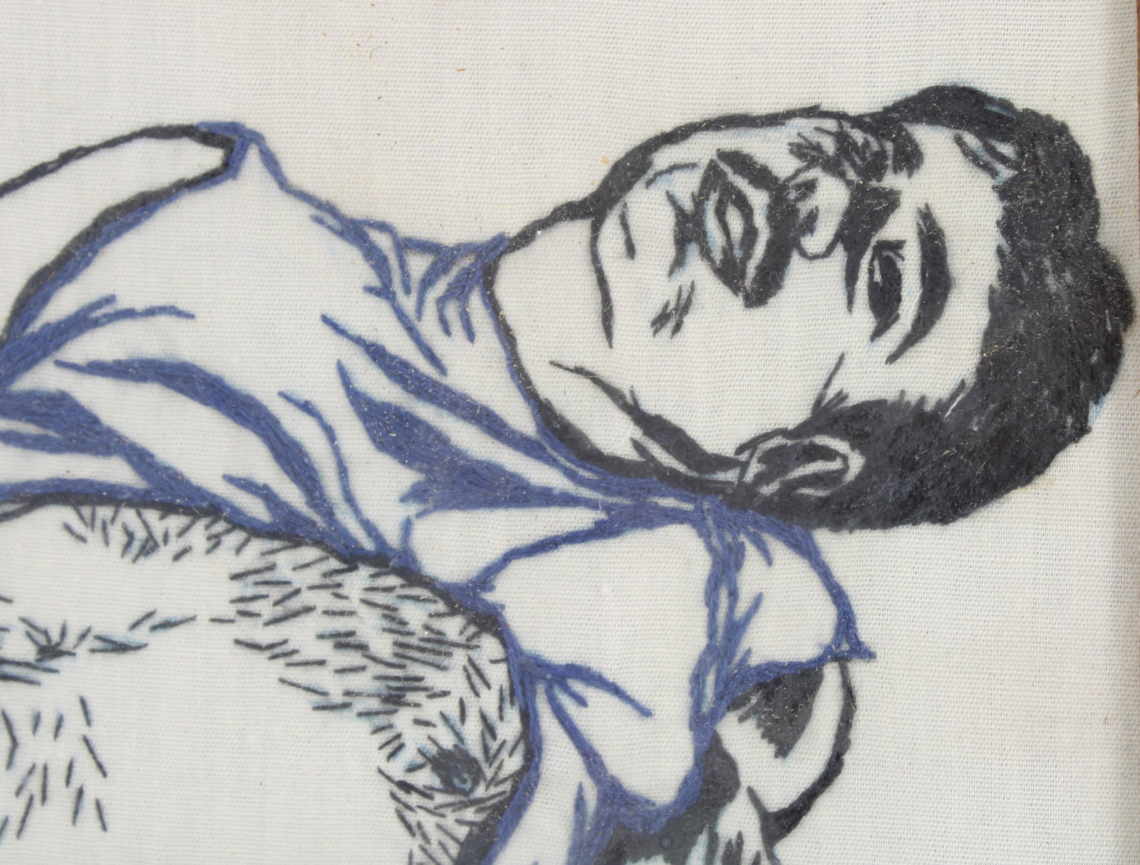 Erotic Male Figure Needlework Panel: Erotic Beefcake Floss Needlework Panel. Monogrammed DH. Estate found. Size: Frame 10.5"T x 8.5"W, image 9.5"T x 7.5"W