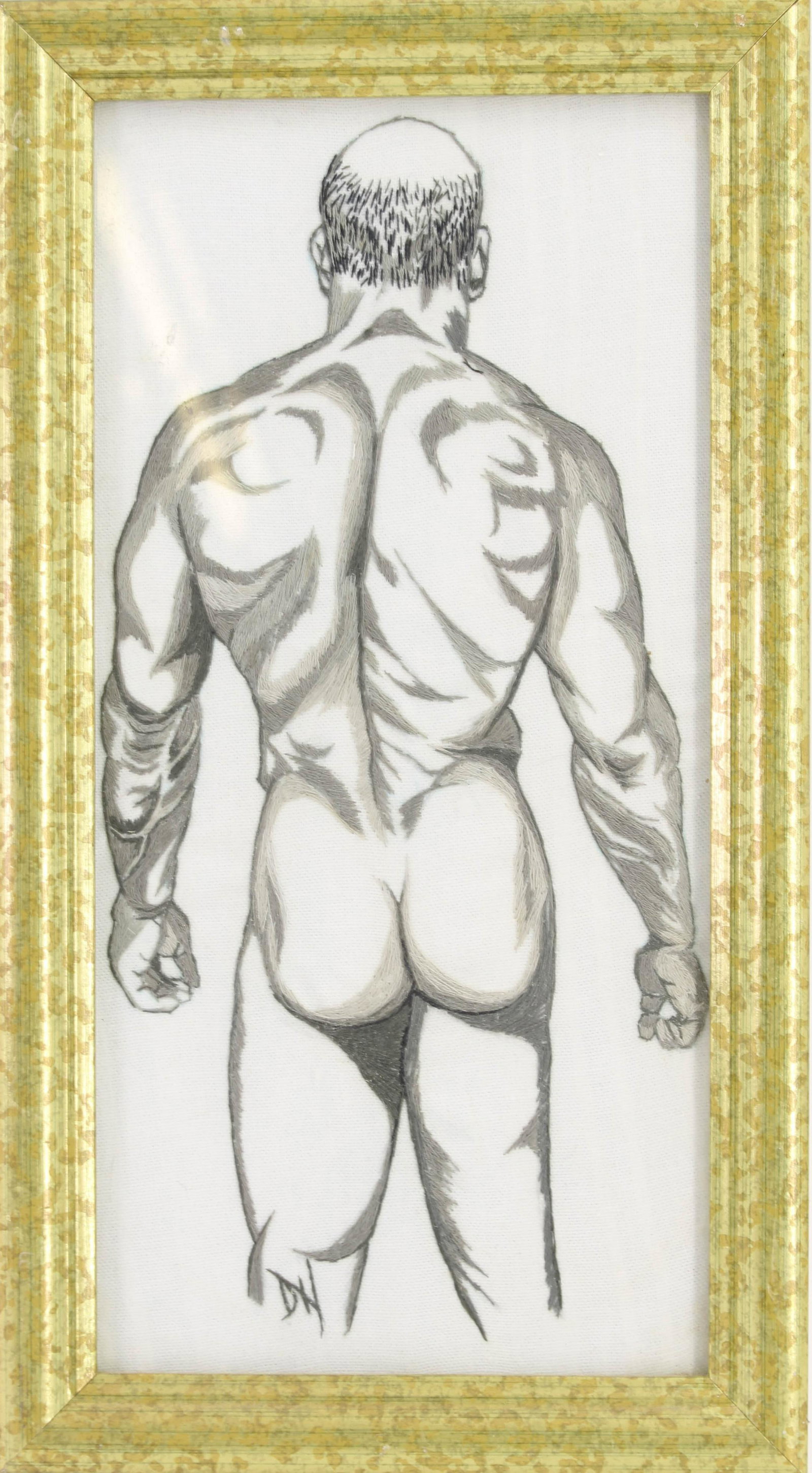 The Male Form Embroidered Panel: Erotic Beefcake Floss Needlework Panel. Monogrammed DH. Estate found. Size: Frame 13.5"T x 7.5"W, image 11.5"T x 5.5"W