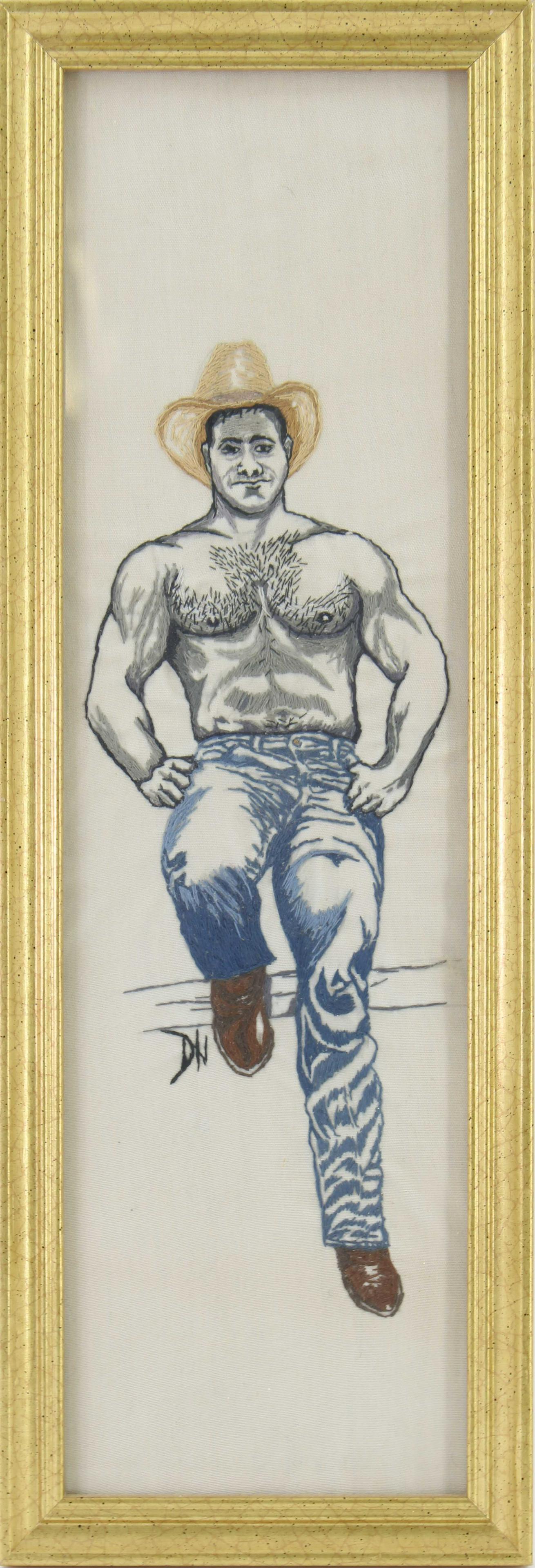 Village Folk Beefcake Embroidered Portrait: Erotic Beefcake Floss Needlework Panel. Monogrammed DH. Estate found. Size: Frame 21.5"T x 7.5"W, image 19.5"T x 5.5"W