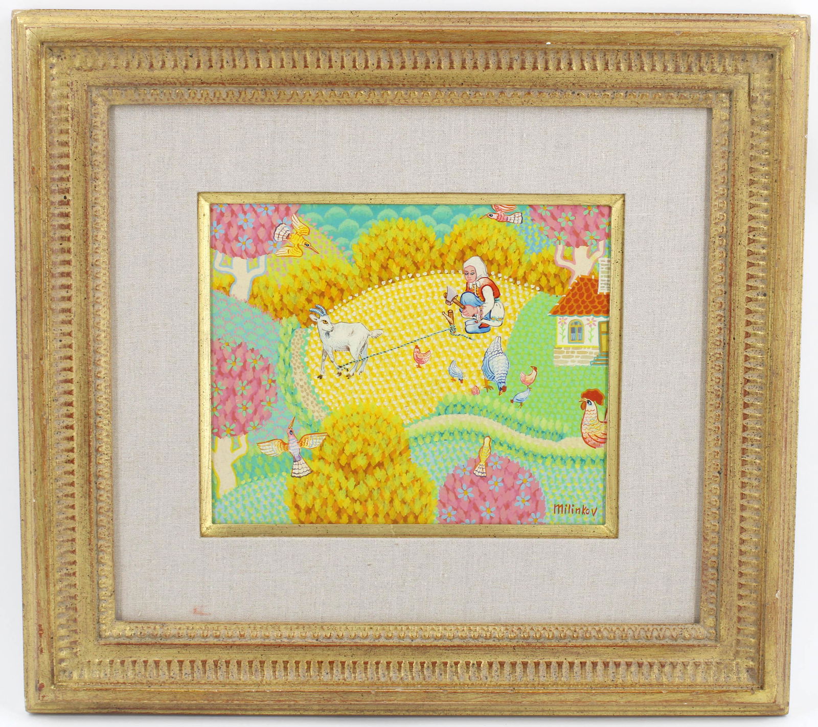 Ljubomir Milinkov, Rural Scene Painting: Ljubomir Milinkov, Rural Scene Painting. Also recognized for collaboration with Hermes. Size: 18"H x 20"W x 1.5"D Sight 9"H x11"W