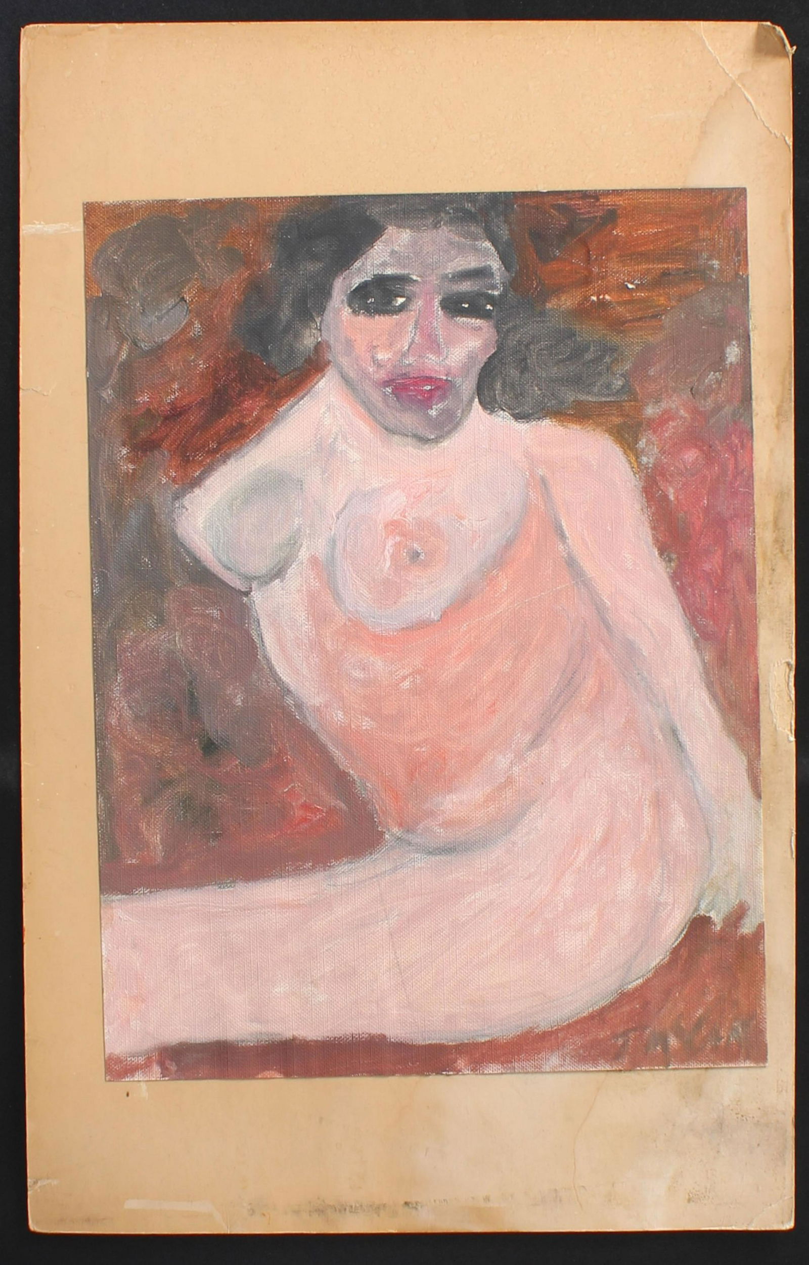 Justin McCarthy, Figural Nude Painting: Justin McCarthy (20th C, Pennsylvania) Composition. Linen stock mounted on mat board. Recognized as a prolific Outsider Artist, Justin McCarthy's work is widely recognized and appreciated.Size: 14" H