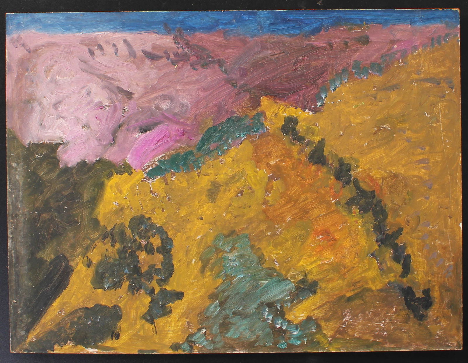 Justin McCarthy, Regional Landscape Painting: Justin McCarthy (20th C, Pennsylvania) Composition. Recognized as a prolific Outsider Artist, Justin McCarthy's work is widely recognized and appreciated. Size: 18" H x 24" W boardProvenance: From the