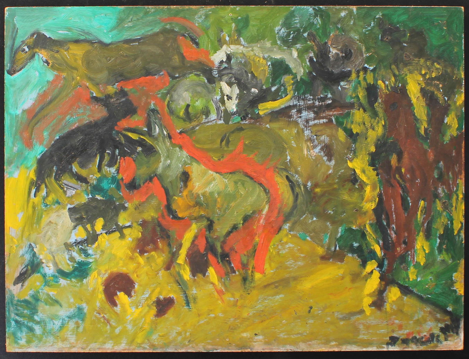 Justin McCarthy, Naive Animal Kingdom Painting: Justin McCarthy (20th C, Pennsylvania) Composition. Recognized as a prolific Outsider Artist, Justin McCarthy's work is widely recognized and appreciated. Size: 18" H x 24" W boardProvenance: From the