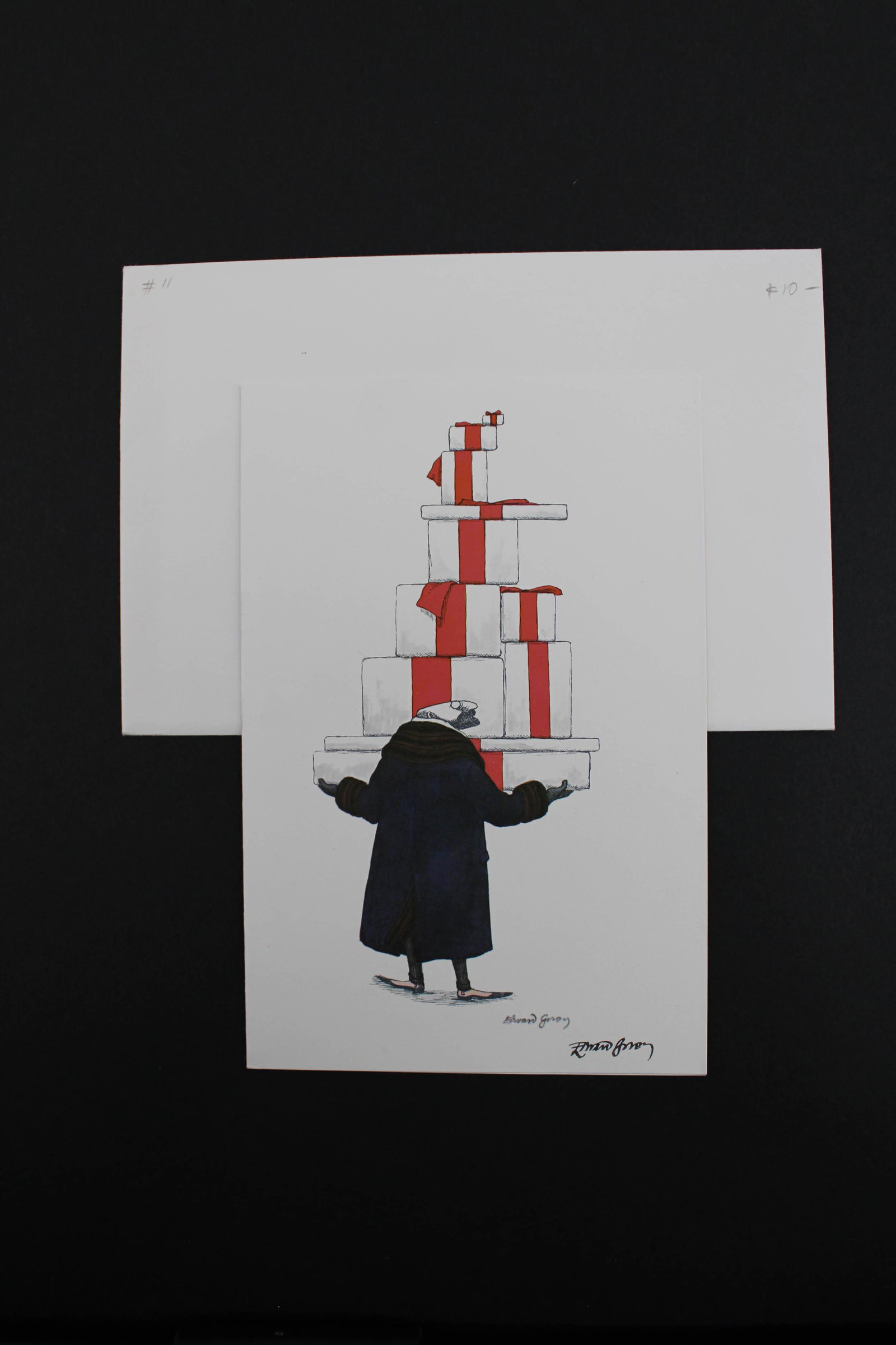Vintage 1977 Edward Gorey Signed Christmas Card: Vintage 1977 Edward Gorey Signed Christmas Card. Giftbearer. Published by Gotham Book Mart. With envelope. Size: 5.5" x 8" envelope.